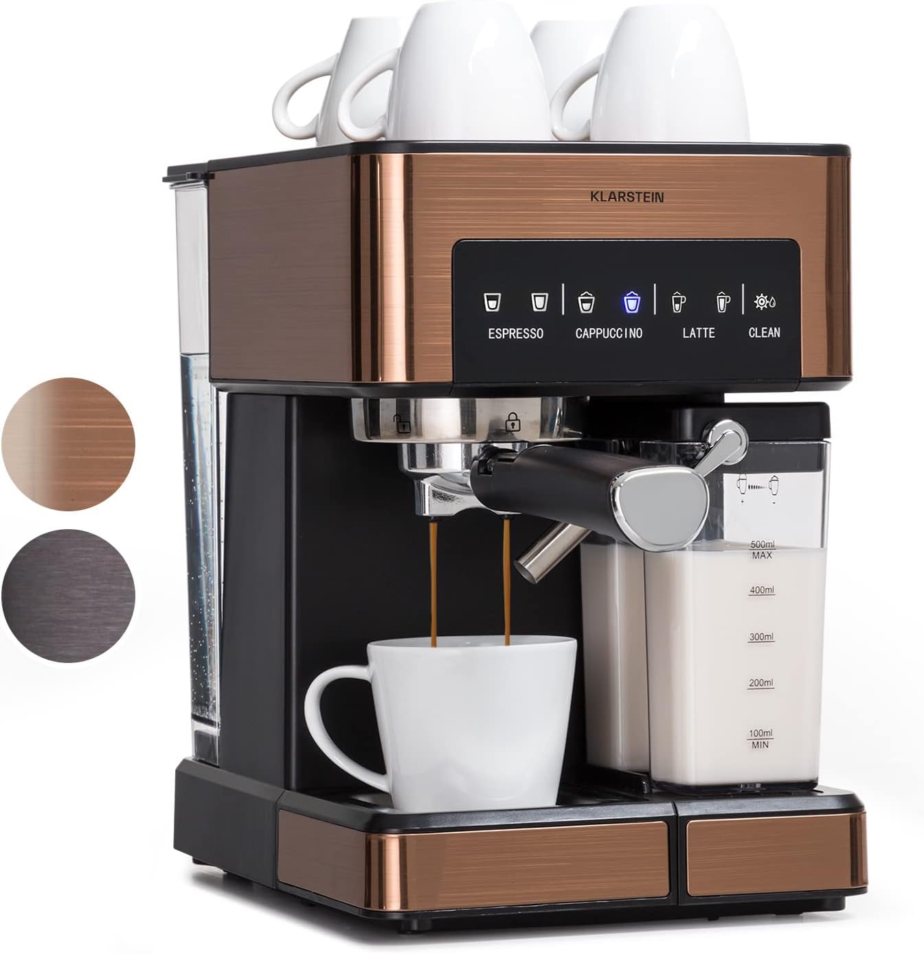 Klarstein Espresso Portafilter Machine with Milk Frother, 1.8 L Mini Espresso Machine with Portafilter, 20 Bar, Stainless Steel, Small, 0.5 L Milk Tank, 1350 W Coffee Machine for Ground Coffee