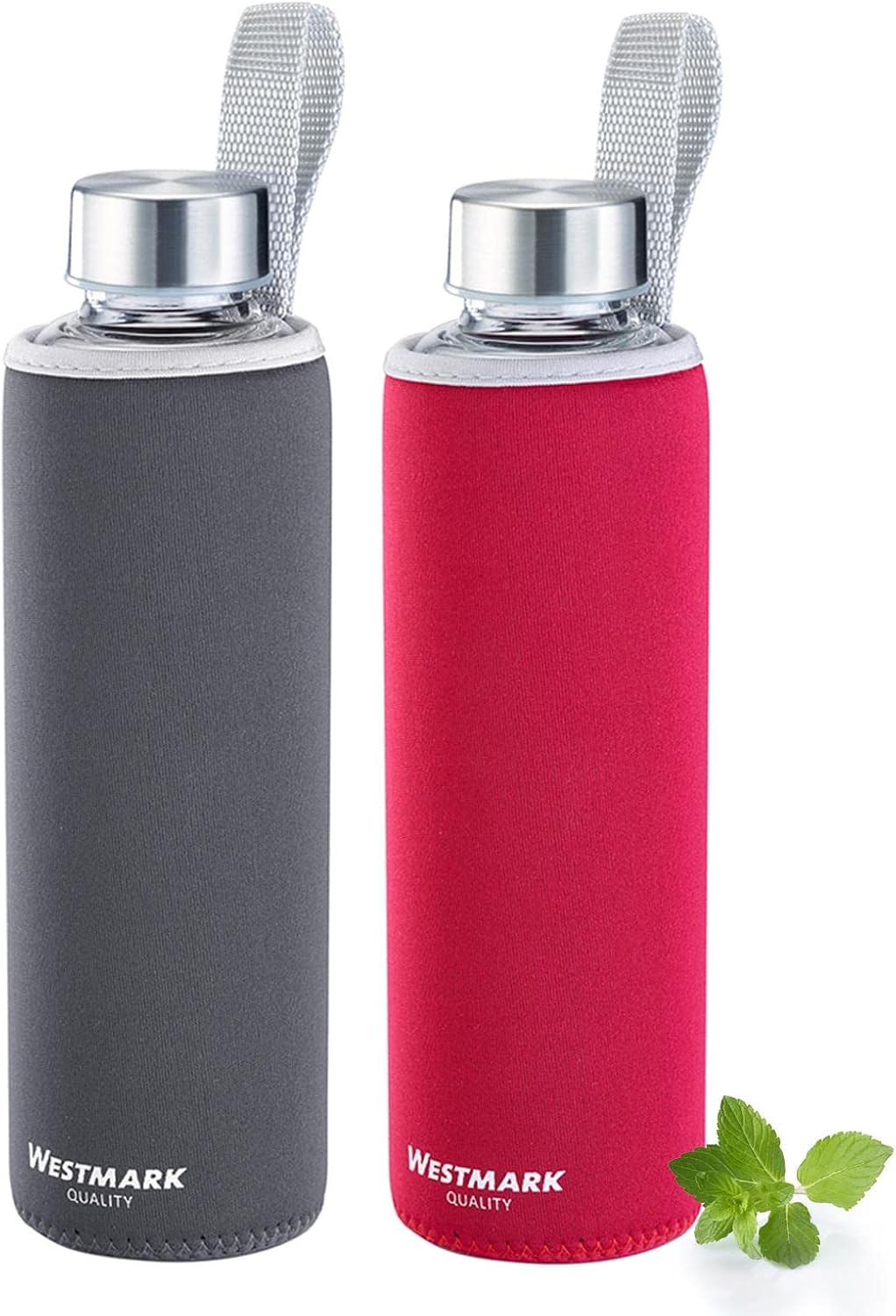 Westmark 527222E8 Drinking Bottle Set of 2 Glass with Print and 1 Protective Cover, 550 ml, Glass/Silicone/Rubber, BPA-Free, Viva, Red/Anthracite/Silver/Clear