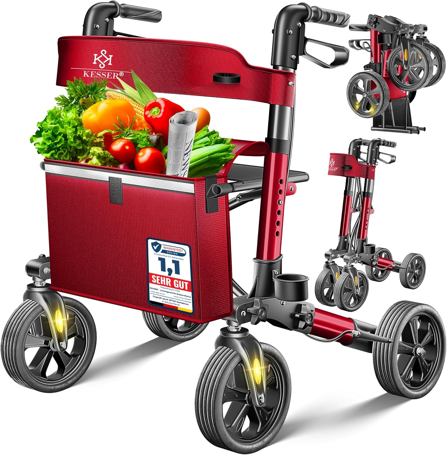 Kesser Aluminum Rollator Set, Lightweight Travel Walker, Fully Equipped 3-Way Foldable Rollator - Ideal for Car Boat, Travel and Flight, Height Adjustable, Strap, Walking Aid