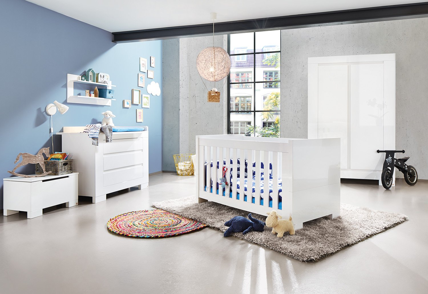 Pinolino Sky 3 Piece Children\'s Bedroom Wide Cot (140 x 70 cm) Wide Changing Table with Changing Unit and Wardrobe, White High Gloss (Item No. 10 34 98 B)