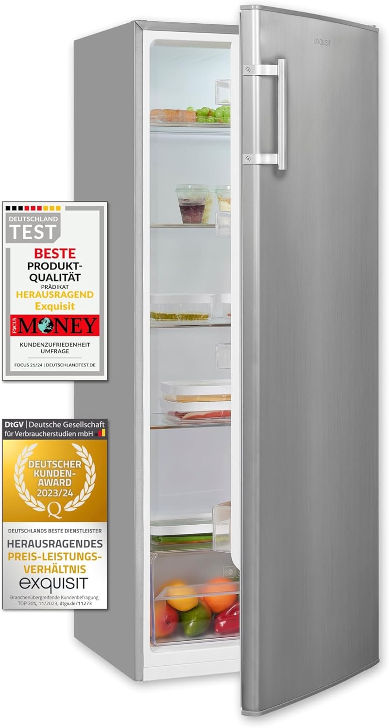 Exquisit Full-Room Fridge without Freezer, 242 Liters, 5 Shelves, 4 Door Shelves, Interchangeable Door Hinge, 55 cm Width, KS320-V-H-040E Stainless Steel Look
