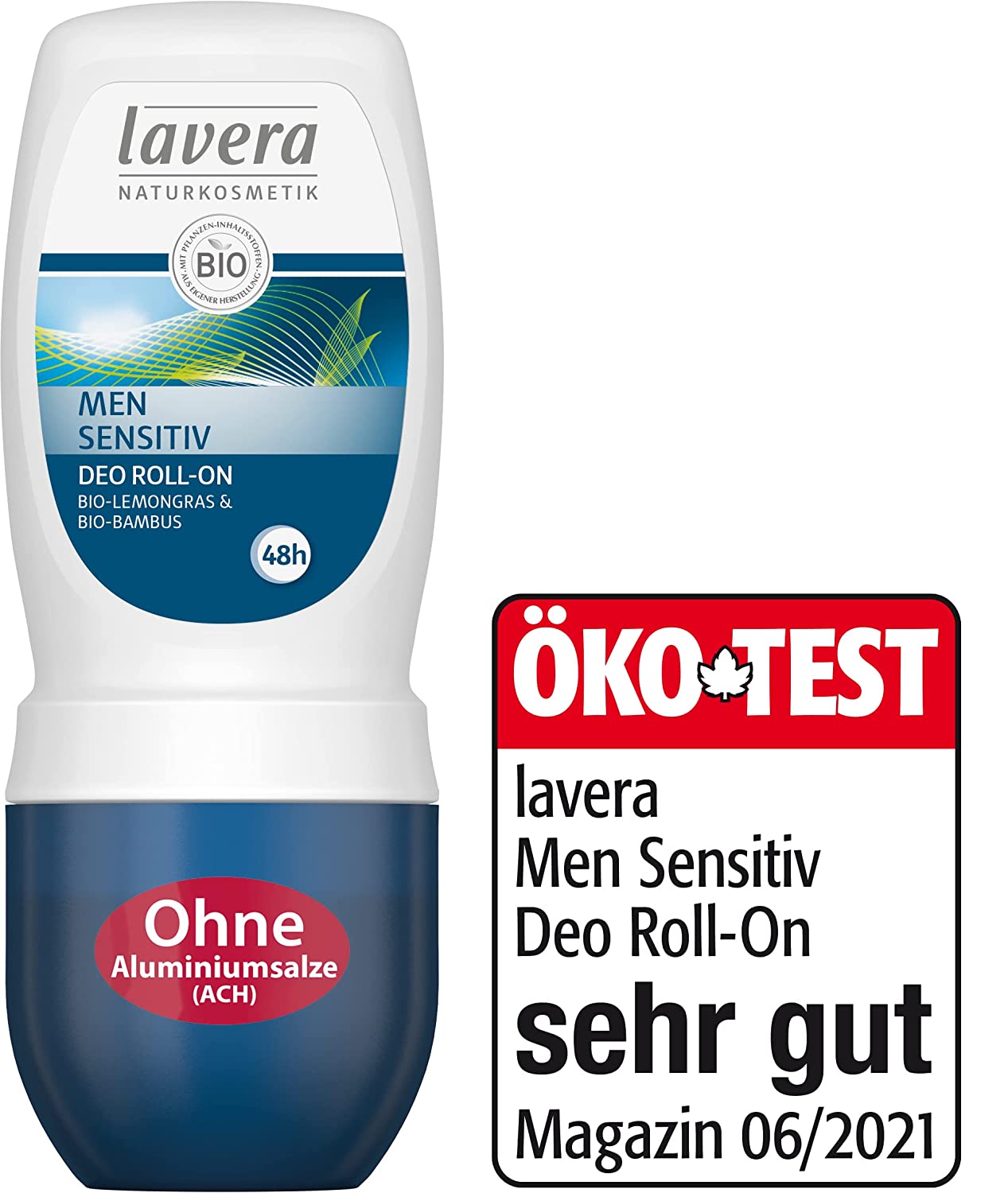 lavera Roll-On Deodorant Men Sensitive, Reliable 24 Hour Protection - Vegan - Natural Cosmetics - with Organic Lemongrass & Organic Bamboo - Deodorant - Roller for Men - No Aluminium Salts - 50 ml