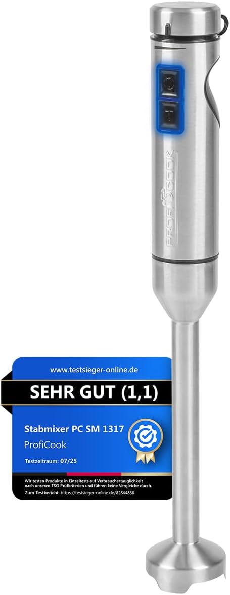 ProfiCook Hand Blender 1000 W, Extra Long Mixing Rod, Quiet Running DC Motor, Ice Crush Function, Purée Stick with 4-Way Knife, Also Suitable for Hot Food, Mixing Stick, Hand Blender, PC SM 1317
