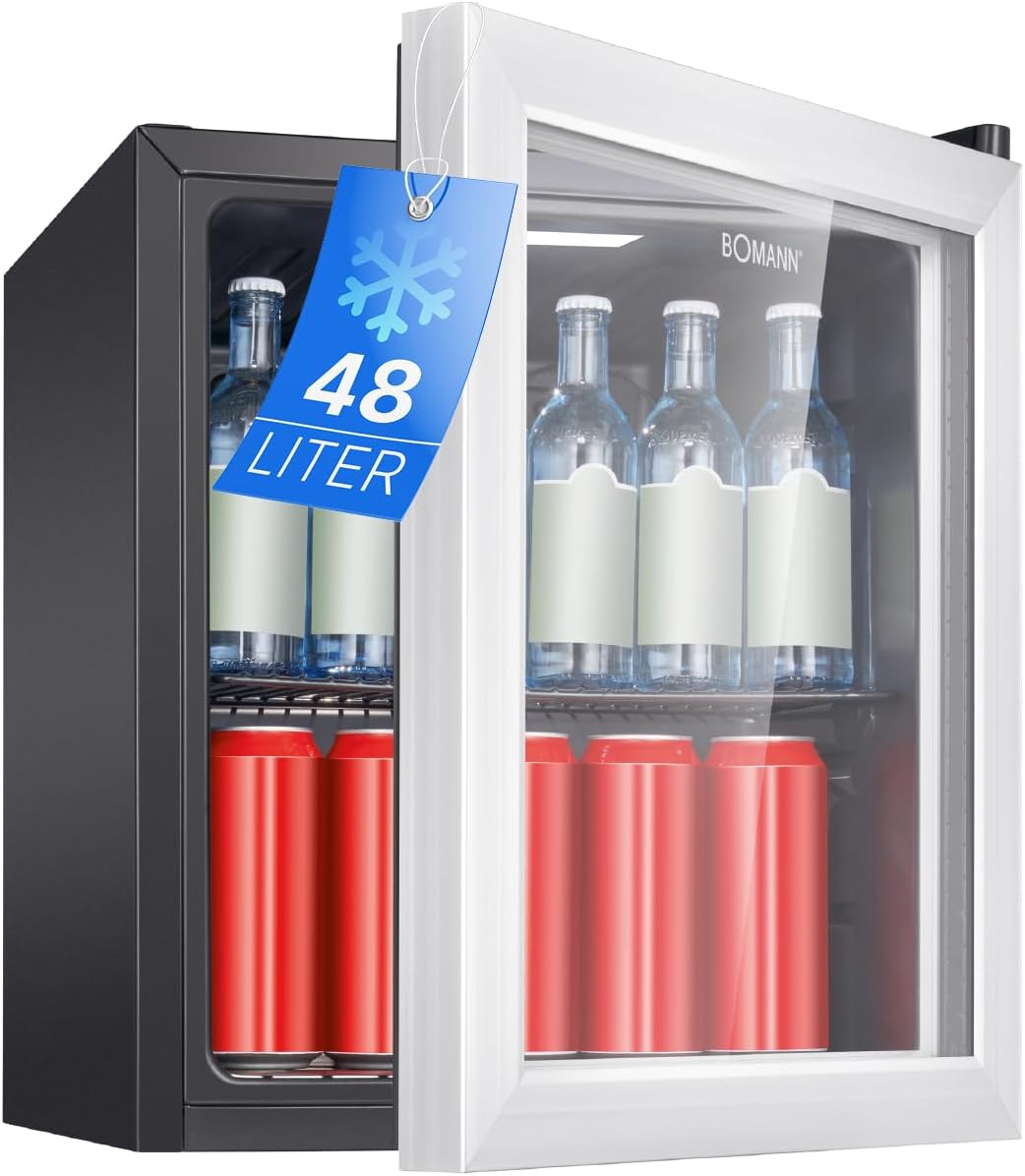 Bomann Drinks Fridge 48 L Net Capacity Fridge Mini Bar with Triple Glazed Glass Door Fridge Small with LED Lighting and Interchangeable Door Hinge Fridge with Glass Door KSG 7286