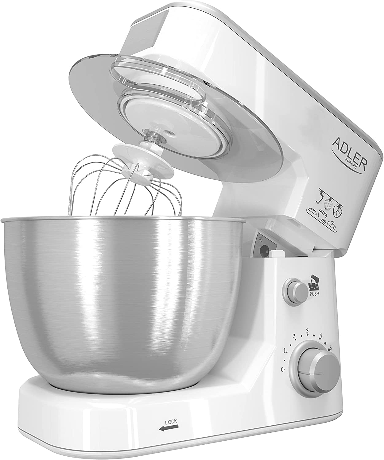 Jung Young Adler AD4216 Food Processor, Kneading Machine, 1000 W, Stainless Steel Bowl 4 L, 6 Levels, Mixing Machine with Dough Hook, Whisk, Whisk