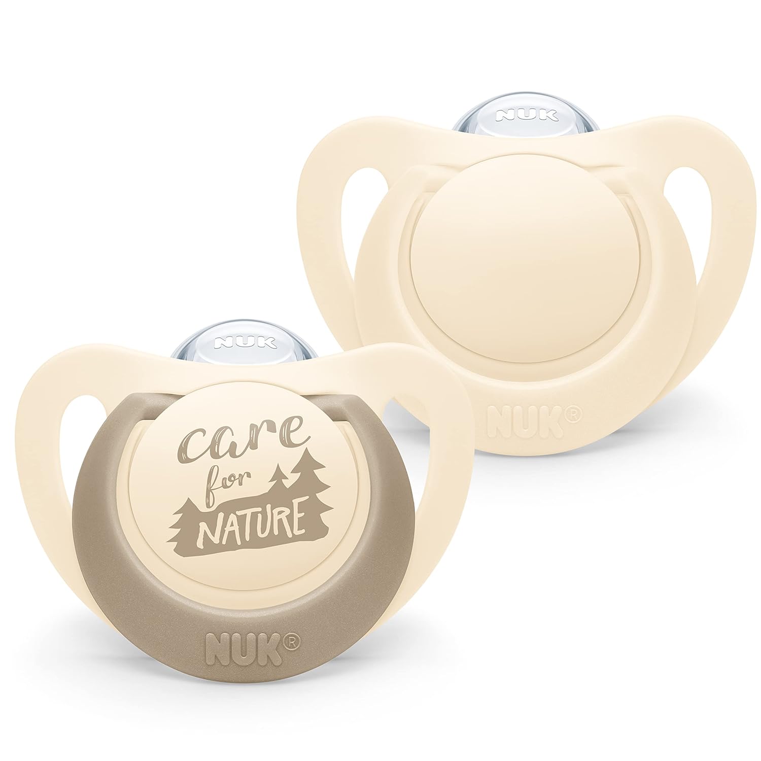 NUK for Nature Baby Dummy, Made of Sustainable Silicone, Orthodontic Shape, BPA-Free, 6-18 Months, Beige, Pack of 2