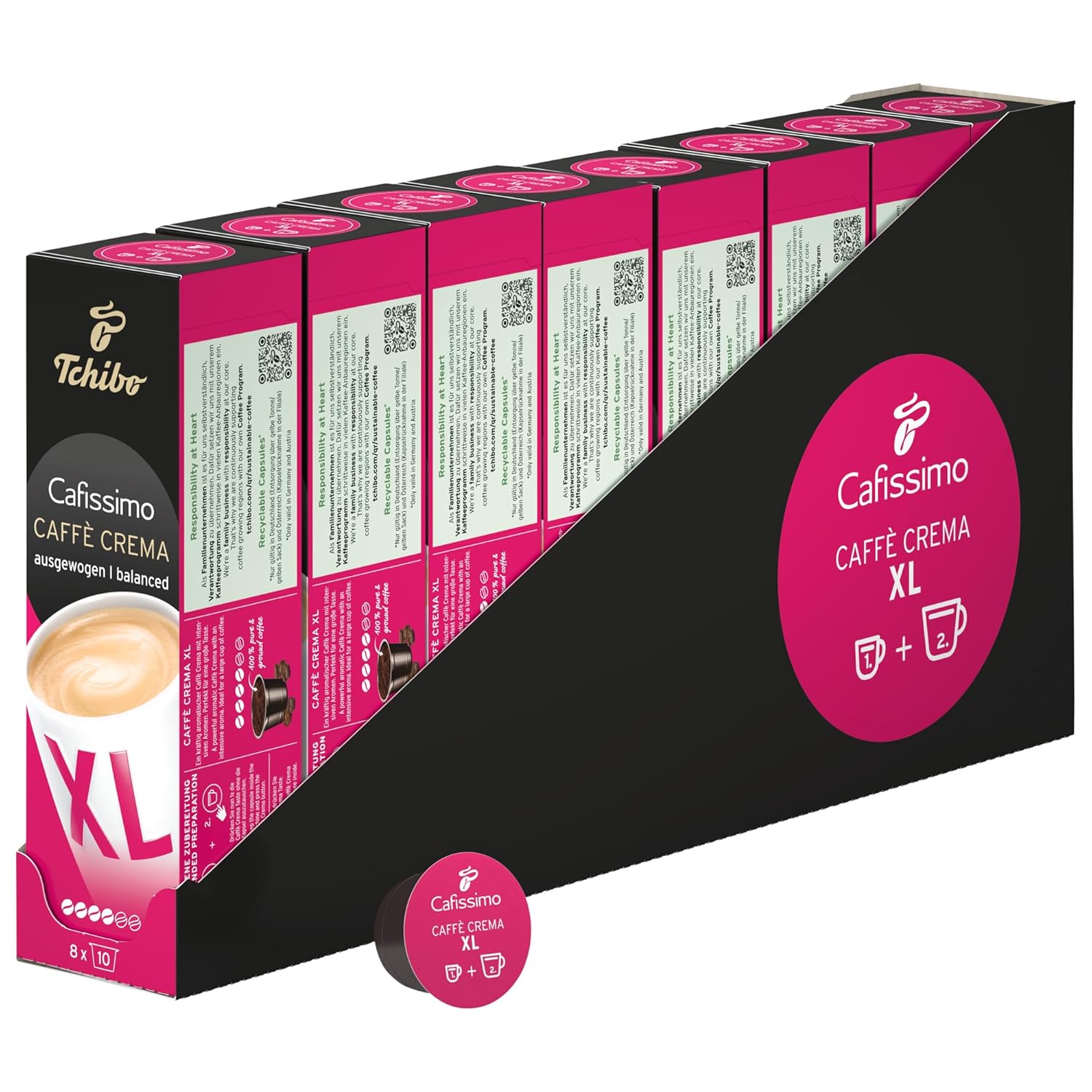 Tchibo Cafissimo Storage Box Caffè Crema XL Coffee Capsules, Pack of 80 - 8 x 10 Capsules (Coffee, Strong with Intense Aromas), Sustainable & Fair Trade, for Large Coffee Mugs