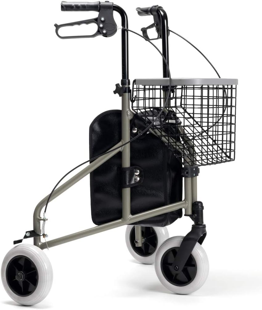 FabaCare Delta Rollator 3-Wheel Walker, Grey Basket, Tray, Parking Brakes, Height Adjustable, Home Rollator with 3 Wheels, up to 130 kg