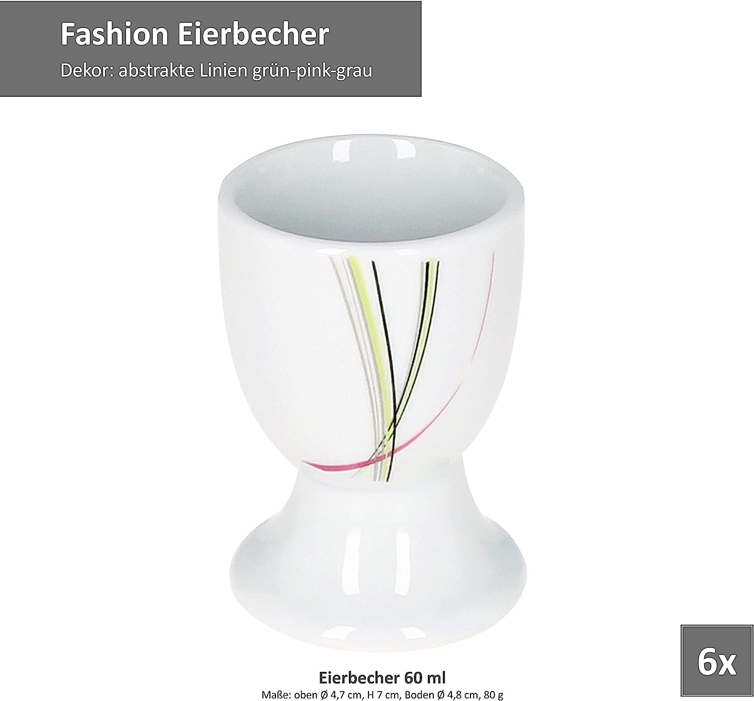 Van Well I Set of 6 Egg Cups Fashion Round I 6 People I Cups Diameter 4.7 cm I High Egg Stand I Egg Cup I Abstract Stripes Pink/Green/Grey/Black I Porcelain Tableware