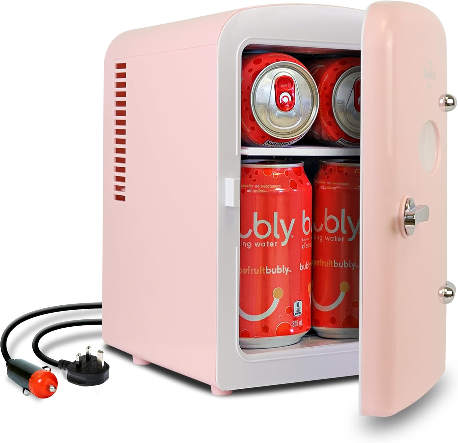 Koolatron Retro Mini Fridge, 4 Liter Mini Refrigerators for Cosmetics, Drinks, 220V AC/12V DC Small Fridge for Bedroom (Pink)