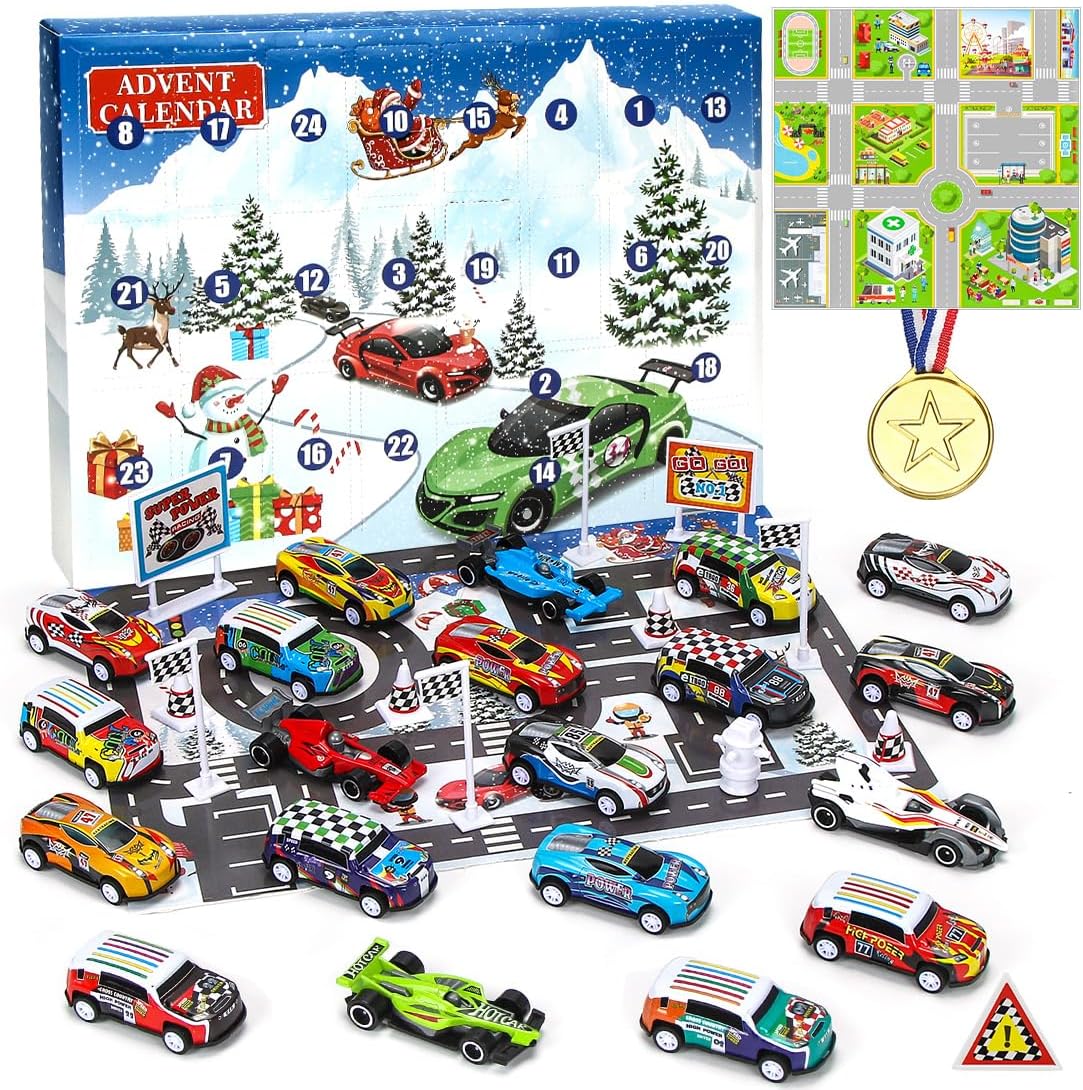 Sprinlot Advent Calendar Car, Advent Calendar 2023 Children, Racing Toy with Medal Street Sign, Advent Calendar Cars, Christmas Calendar Gifts for 3-12 Years Old Boys Girls