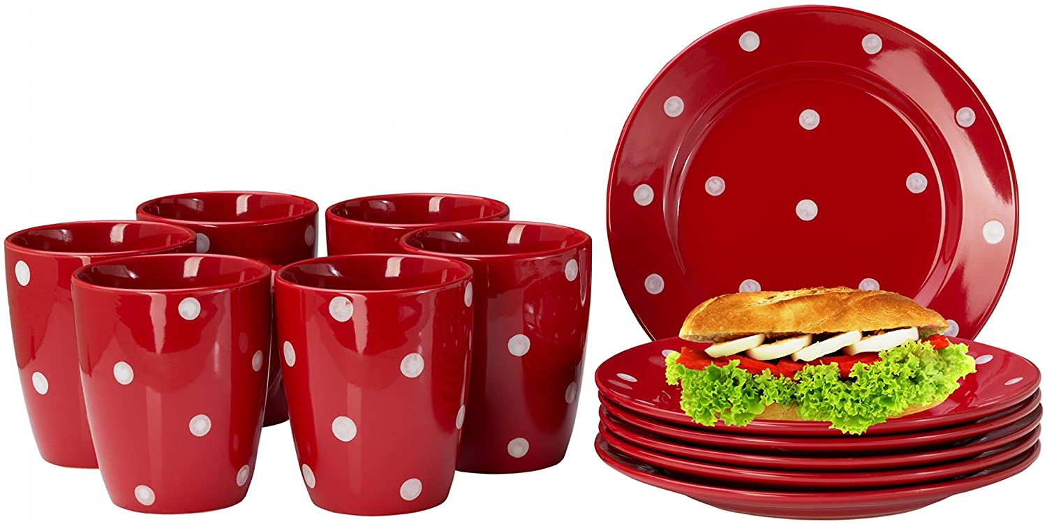 Van Well Emily 12-Piece Breakfast Service for 6 People, Red + White Dots, Breakfast Plates + Coffee Mugs, Earthenware Tableware Set