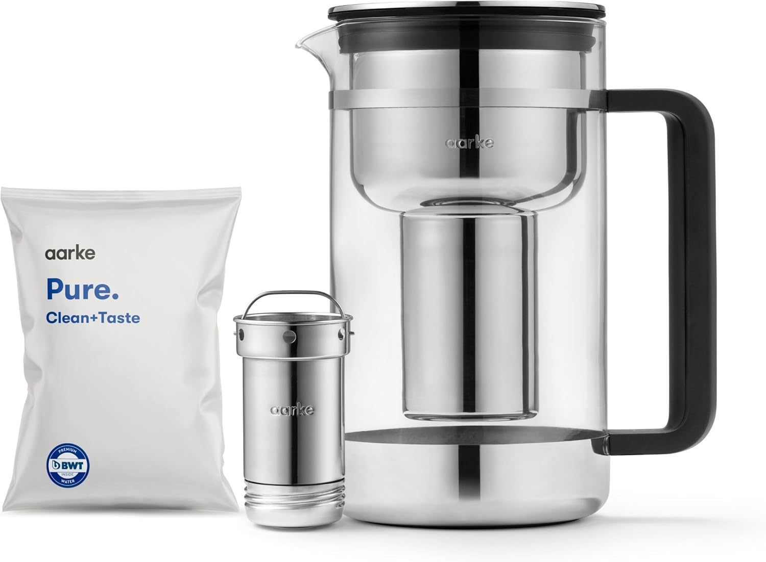 Aarke Purifier Large, water filter carafe made of glass and stainless steel, 2.8L, + Aarke Pure Filter refill pouches