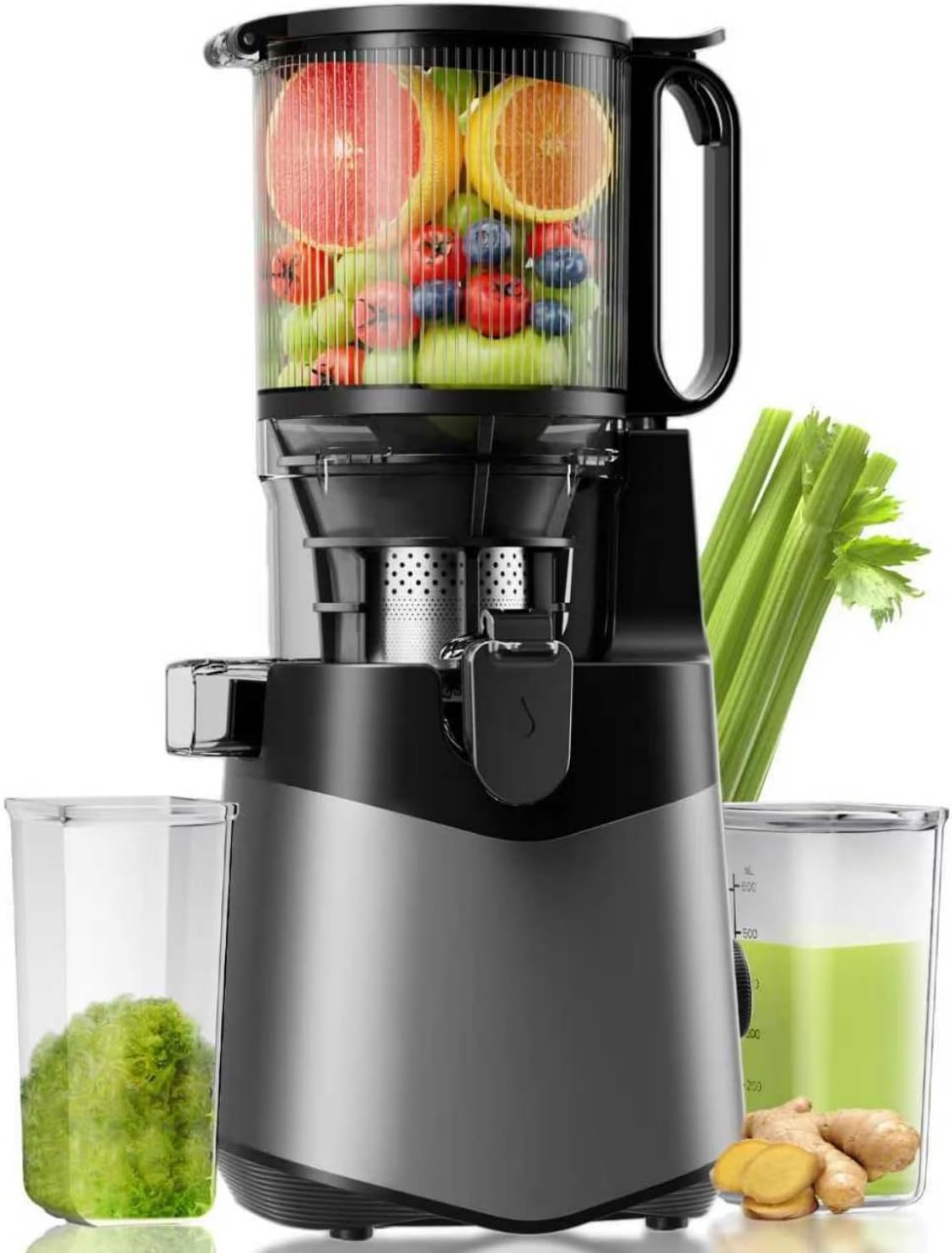 Canoly Juicer, 400 W Slow Juicer, Juicer with 140 mm Large Feeding Slide for Whole Vegetables and Fruits, 2 L Filling Volume, Cold Press, High Juice Yield, Easy to Clean, BPA-Free, Deep Gray