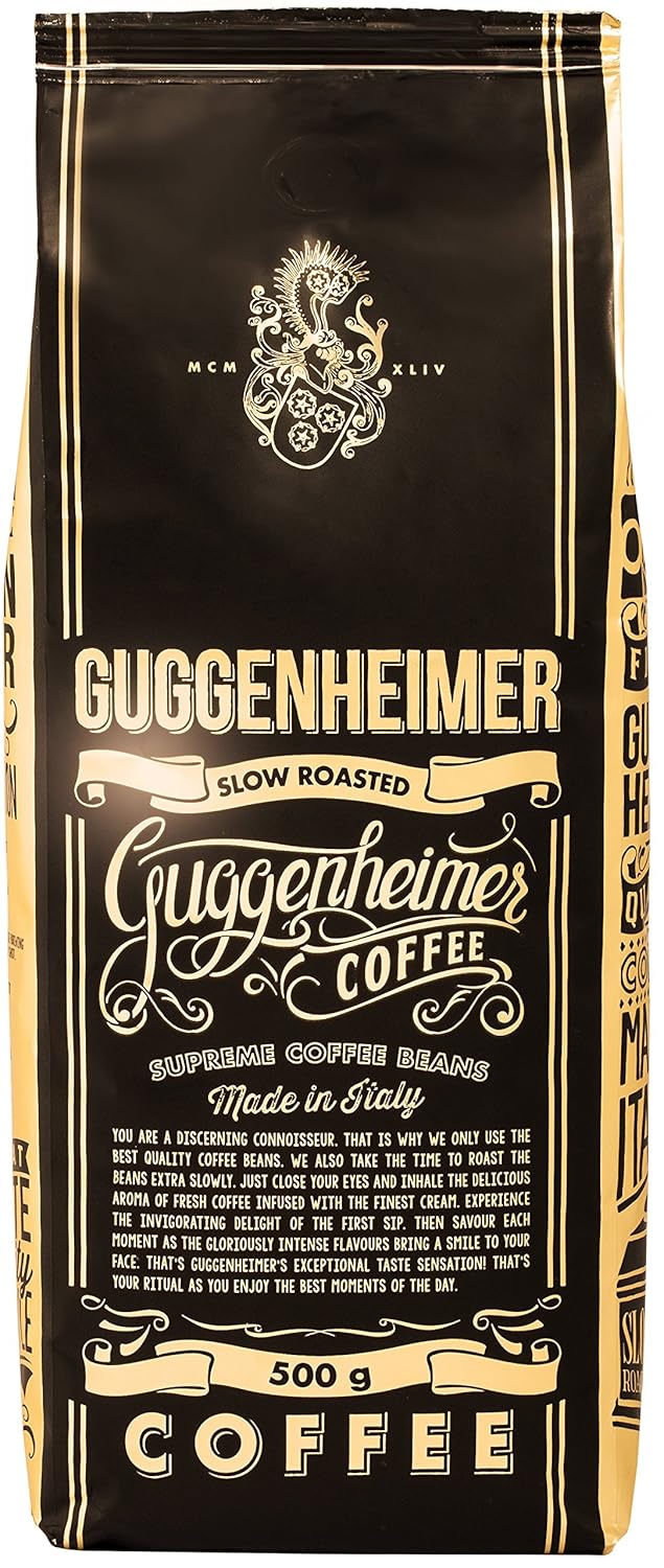 GUGGENHEIMER COFFEE - Coffee Beans 10 kg - Extra Slow Roasted - Low Acid and Bitter Substances - Barista Quality - Finest Crema - Best Espresso for Fully Automatic Machines - Aroma Bag of 20 x 500 g