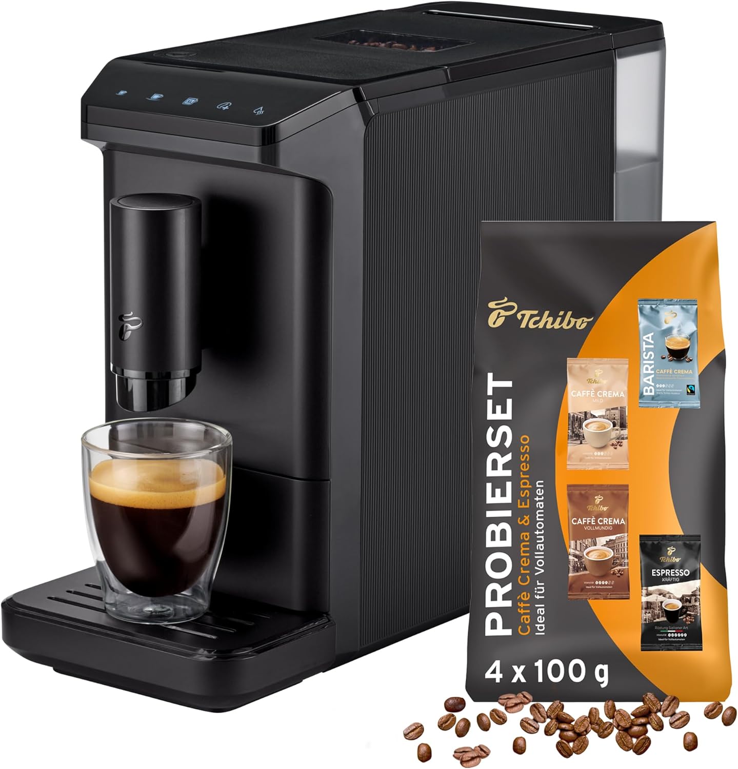 Tchibo Esperto Mini Fully Automatic Coffee Machine for Caffè Crema and Espresso, Only 16 cm Wide, Small and Compact, Suitable for Any Kitchen, Camping, Student Apartment, Black - Includes Coffee