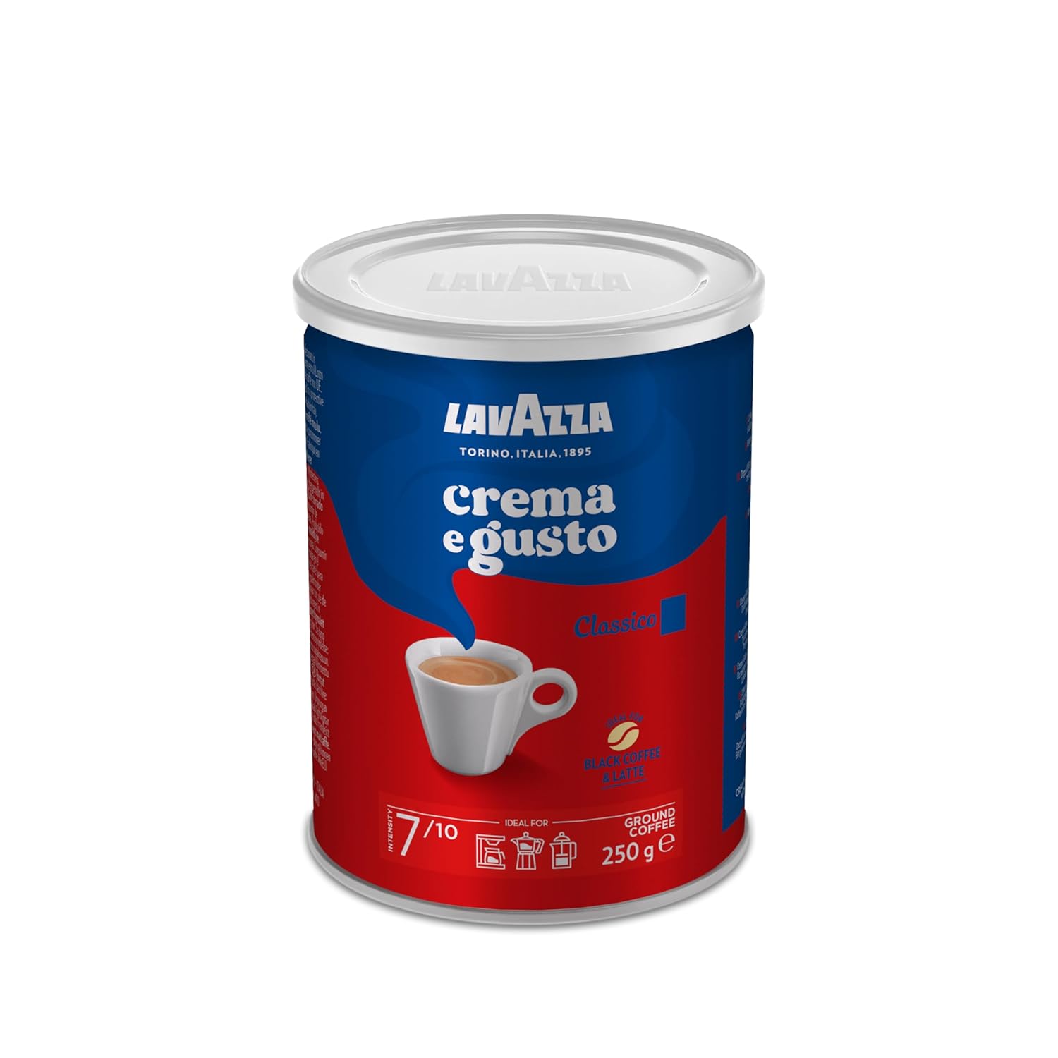 Lavazza, Crema e Gusto Classico Ground Coffee for Mocha Pot or Filter Coffee, Round & Inviting Flavor, Intensity 7/10, Spicy Aromatic Notes, Arabica & Robusta, Dark Roast, 250 g