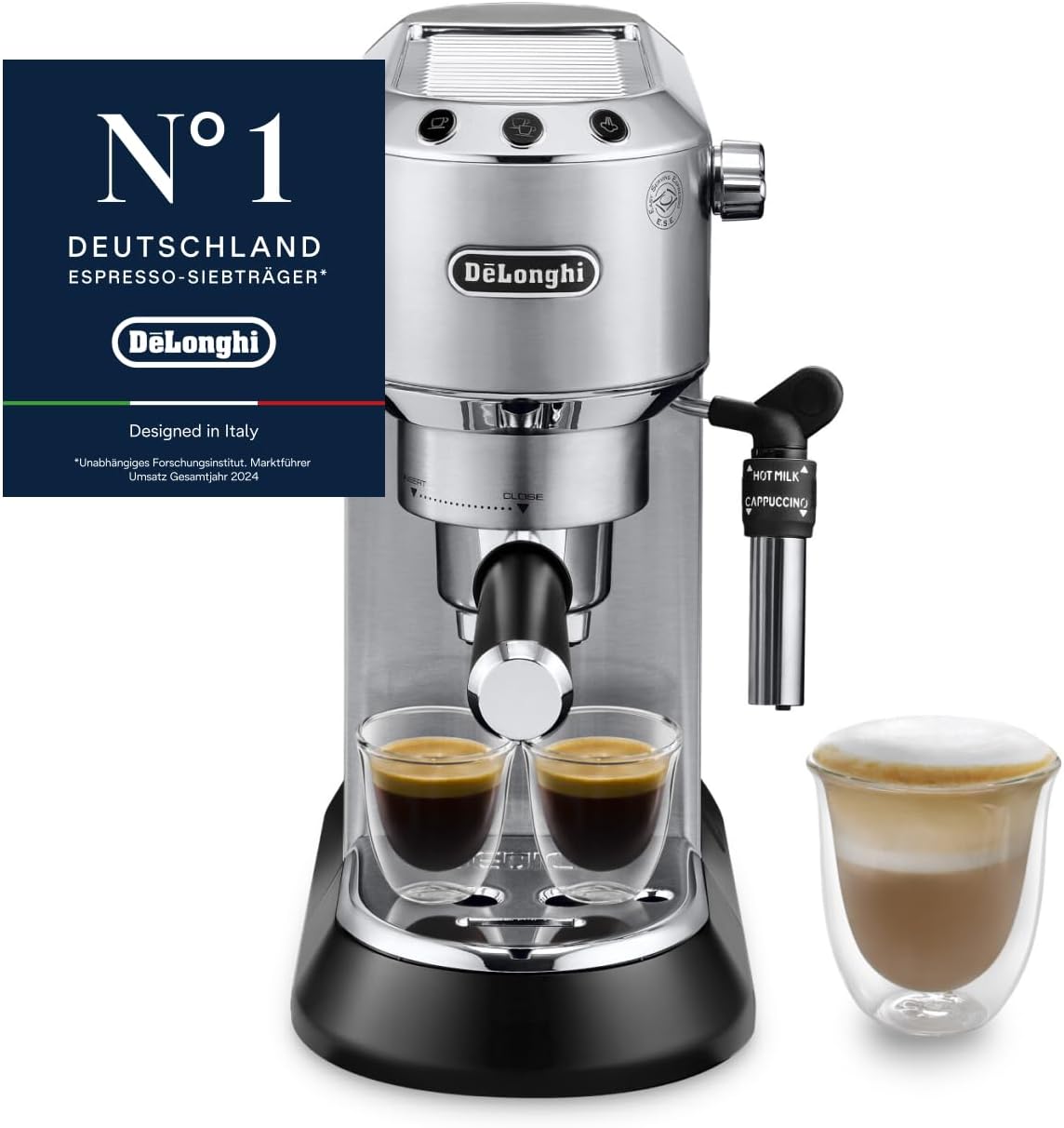 De\'Longhi Dedica Style EC 685.M Espresso Filter Holder Espresso Machine with Professional Milk Foam Nozzle 15 cm Wide 1 Liter Water Tank Full Metal Casing E.S.E Pads Silver