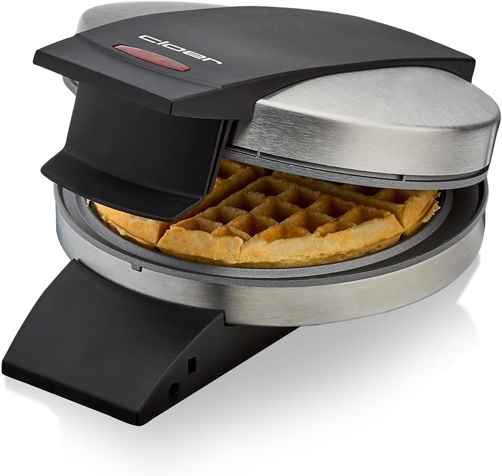 Cloer 1699 waffle iron for American waffles, round waffle, 930 W, waffle size 15.5 cm, fixed browning level, visual ready indicator, non-stick coating, compact stainless steel housing
