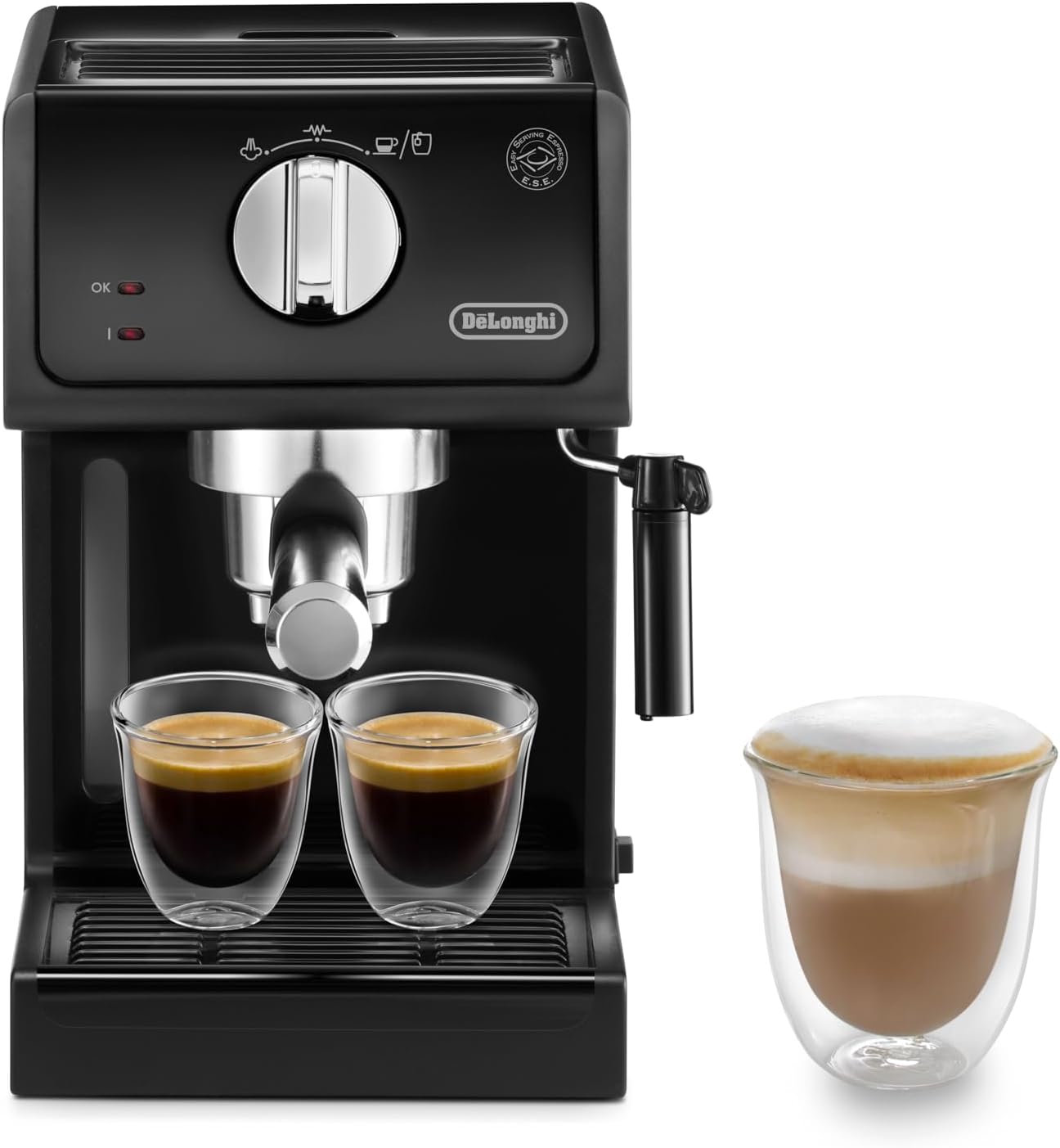 De\'Longhi ECP 31.21 Espresso Portafilter Machine, Espresso Machine with Aluminum Finish, Includes Manual Milk Foam Nozzle, with Hot Water Function, Suitable for ESE Pads, 1.1 L Water Tank, Black