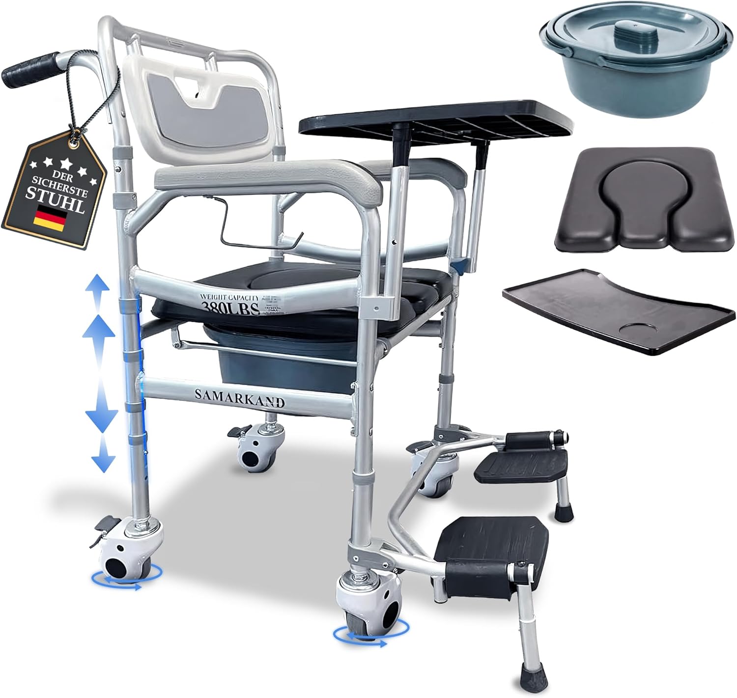 SAMARKAND Commode Chair for Seniors 3-1 Tray & Toilet Stool - Shower Chair with Wheels Adults, Comfortable Commode Chairs - Commode Chair, Daily Life, Care, Bathroom Shower Wheelchair, Night Chair