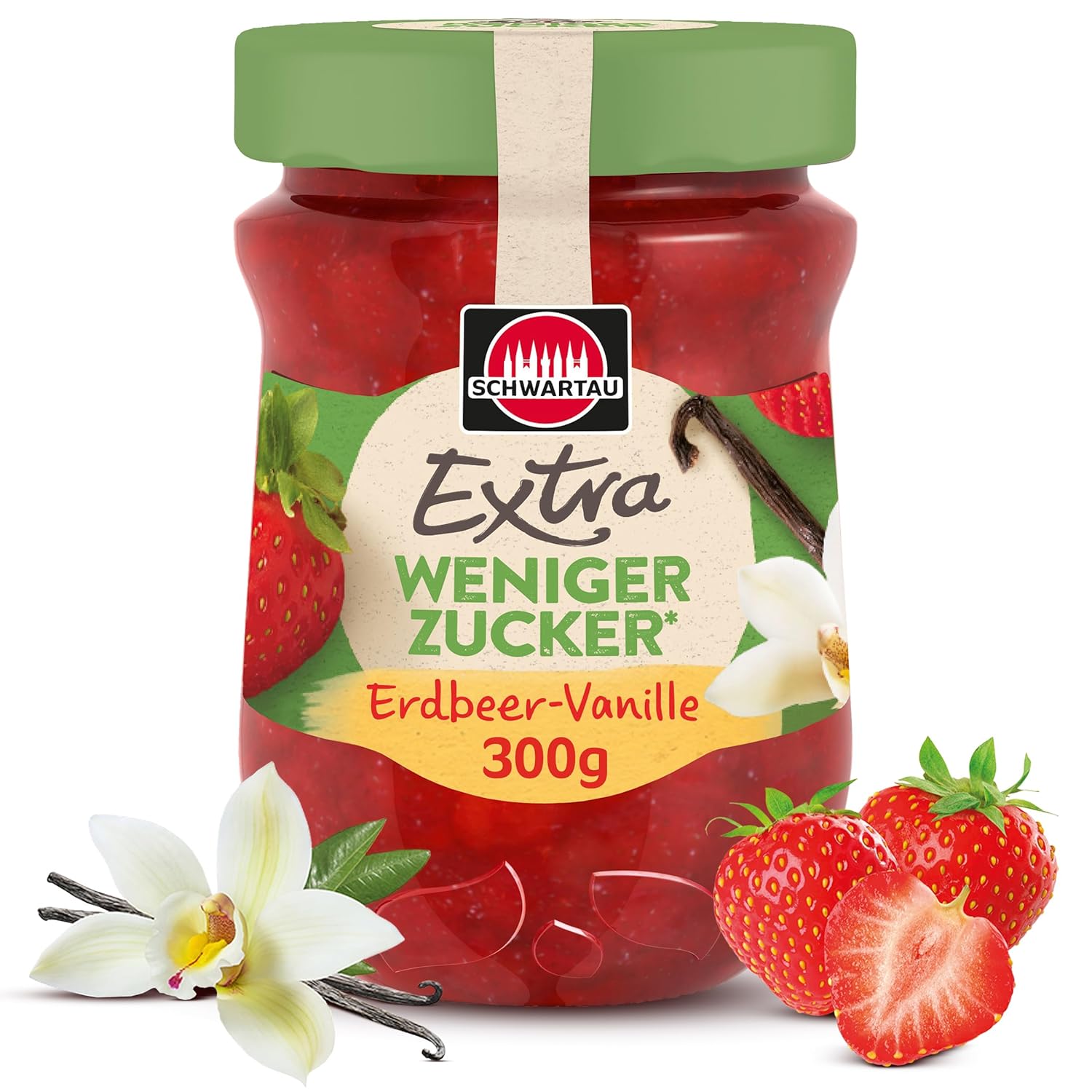 Schwartau Extra Less Sugar Strawberry Vanilla, Sugar-Reduced Fruit Spread, 300 g