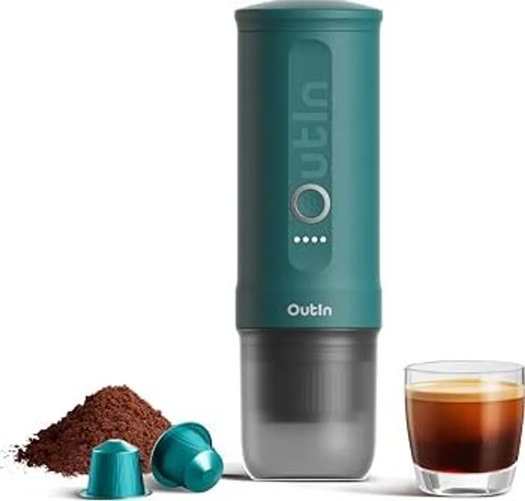Outin Nano portable electric espresso machine, camping coffee machine, self-heating USB-C compatible base and NS capsule