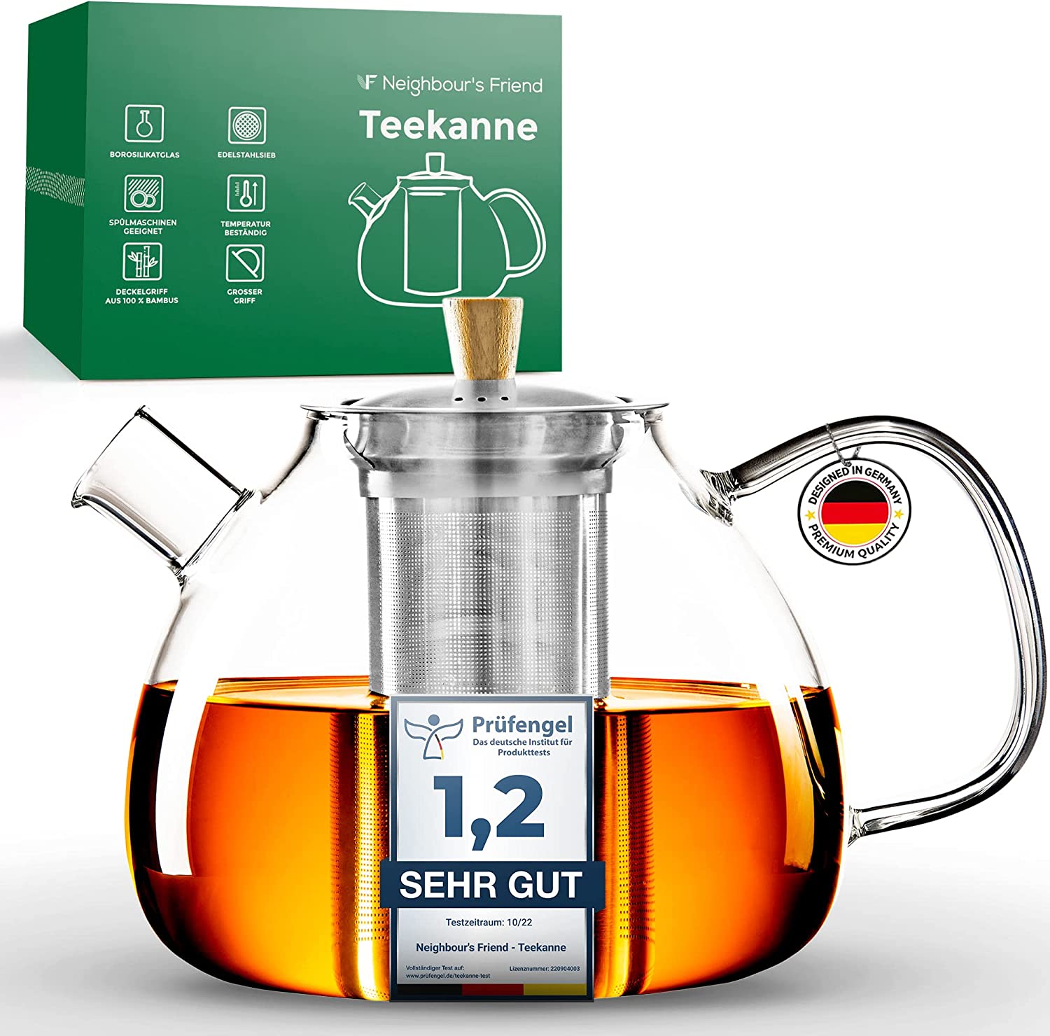 Neighbour's Friend Neighbour\'s Friend® Handmade Premium Glass Teapot 1.5 L - Bamboo Lid Handle - Glass Teapot with Strainer Insert Large Handle - Glass Teapot