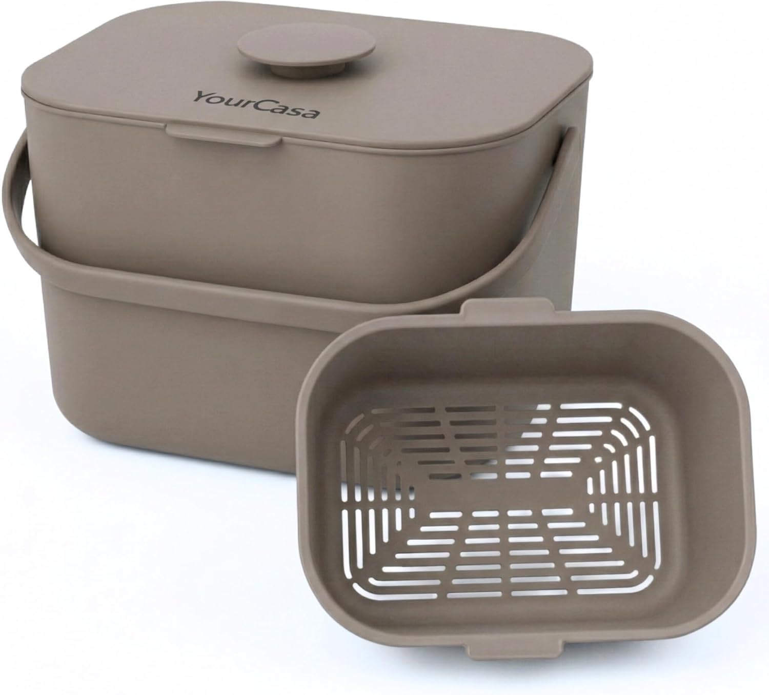 YourCasa Organic Kitchen Waste Bin, 5 L, Compost Bin Kitchen for Everyday Organic Waste Container, Dishwasher Safe, Odour-Proof, Removable Strainer, Small Organic Bin with Lid, Organic Bucket (Taupe)