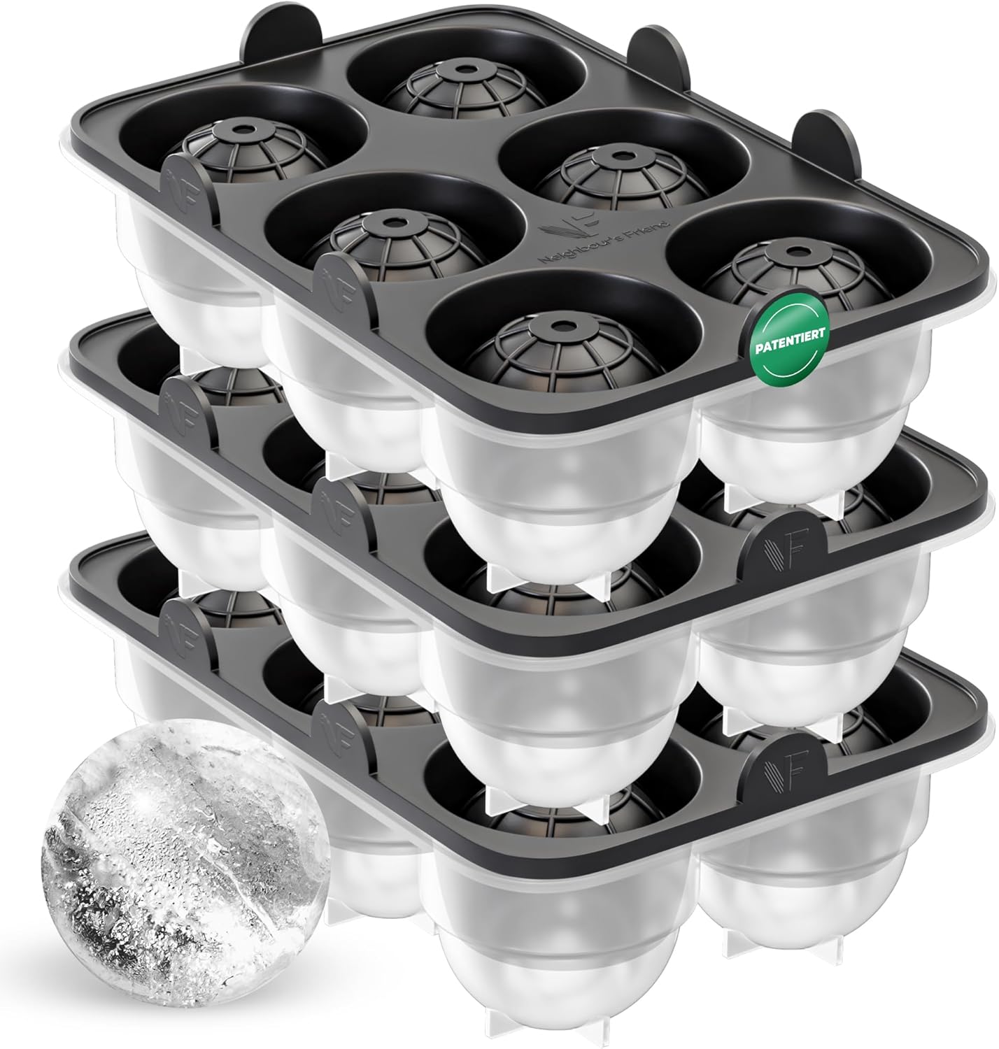 Neighbour's Friend Store Neighbour\'s Friend Patented Ice Ball Mould, Pack of 3, Large Ice Cube Tray, Round, Platinum Silicone for Cocktails, Whisky & Long Drinks, 18 x Round Ice Cubes, Dishwasher Safe, XXL Ice Cubes