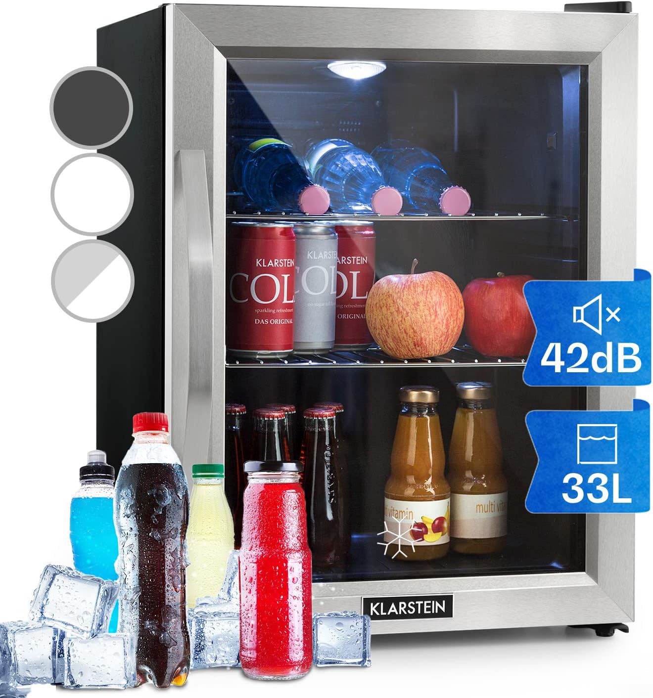 Klarstein Mini Fridge with Glass Door for Room, Drinks Fridge, Small, with Adjustable Shelves, 33 Liters, Indoor/Outdoor Fridge, Quiet