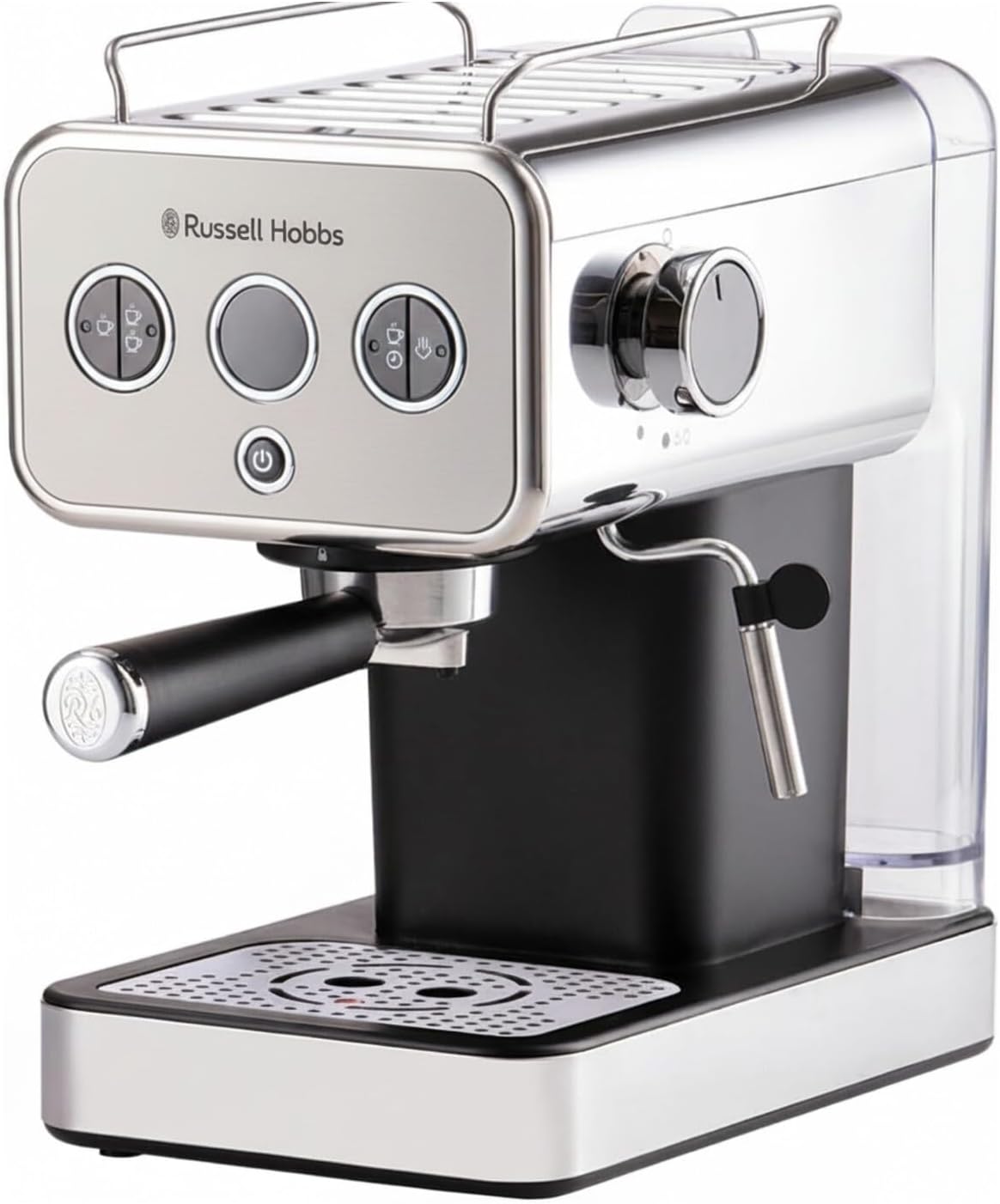 Russell Hobbs Espresso Machine [Portafilter Machine] Distinction Stainless Steel Titanium (15 Bar, Insert 1 & 2 Cups, ESE Pads, Automatic Dosing & Man.Option, Steam Nozzle for Hot Water & Milk Foam)