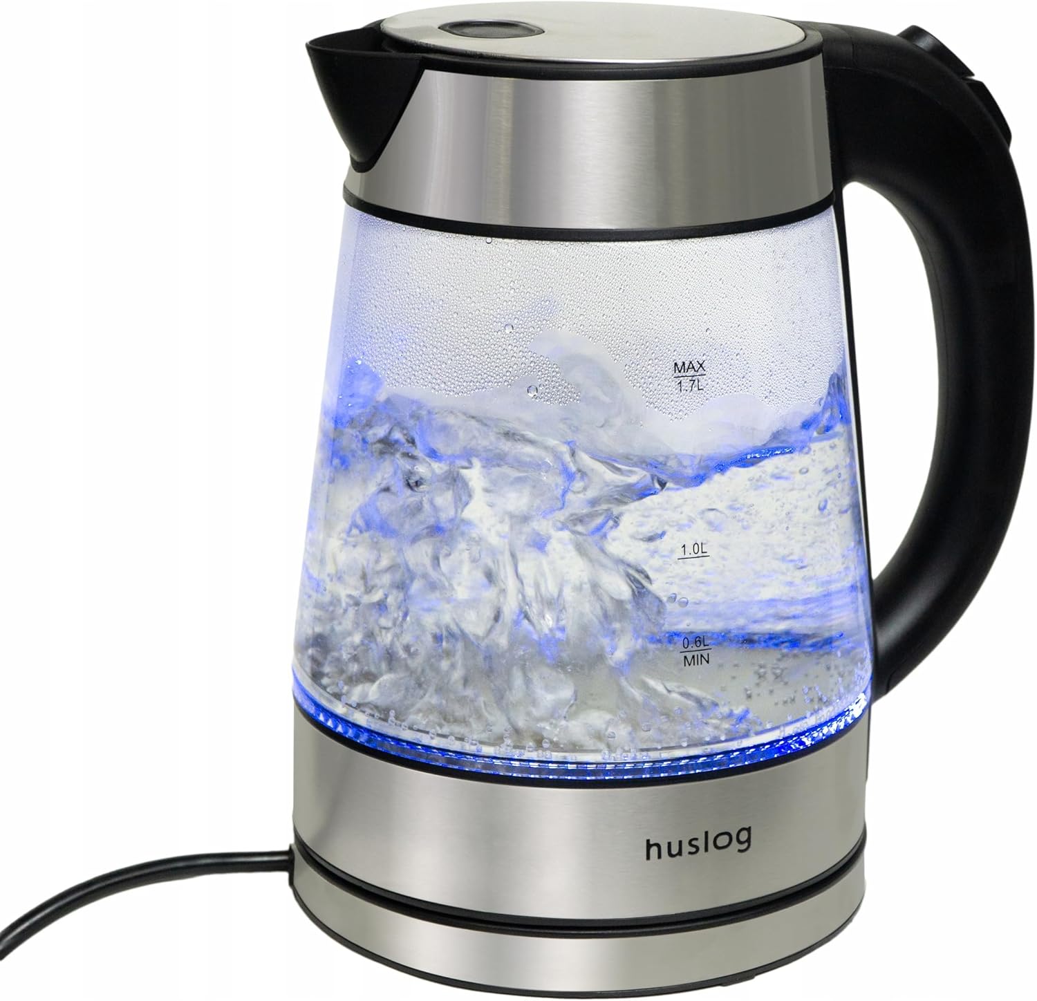 Huslog Glass Kettle 1.7 Liters, 2200 Watt, LED Lighting, 100% BPA Free, Thickened Glass Kettle with Limescale Filter, 360° Stainless Steel Base, Dry Protection, Silver