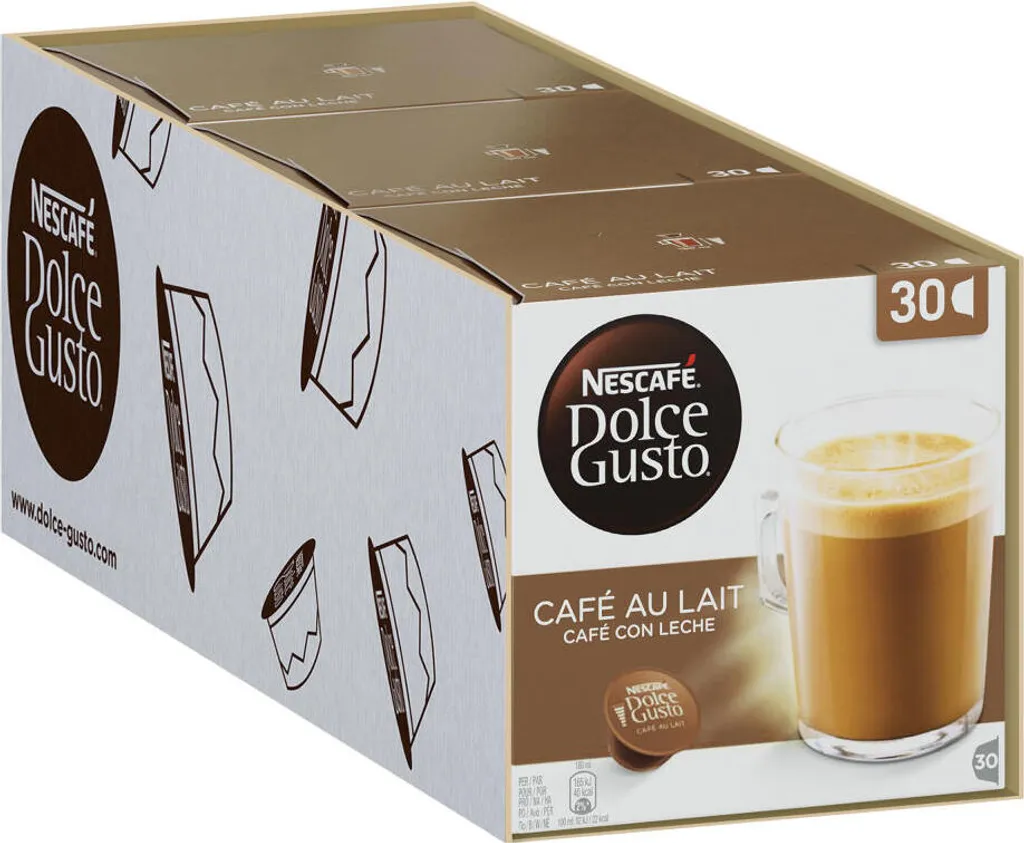 Nestlé Nescafé Dolce Gusto Café au Lait Storage Box, Set of 3, Coffee, Latte, Coffee Capsules, 3 x 30 Capsules
