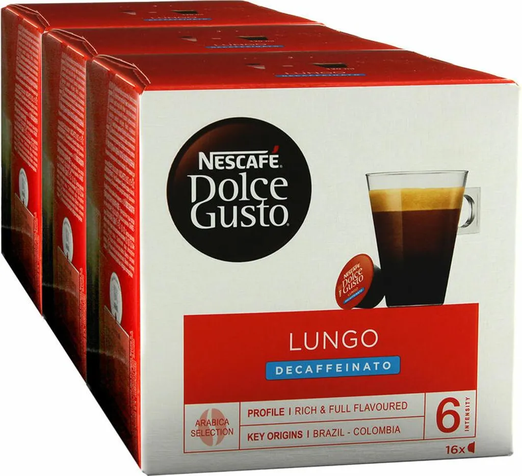 Nestlé Nescafé Dolce Gusto Caffè Lungo Decaffeinato, Decaffeinated, Coffee, Coffee Capsules, 3-Pack, 3 x 16 Capsules 336g