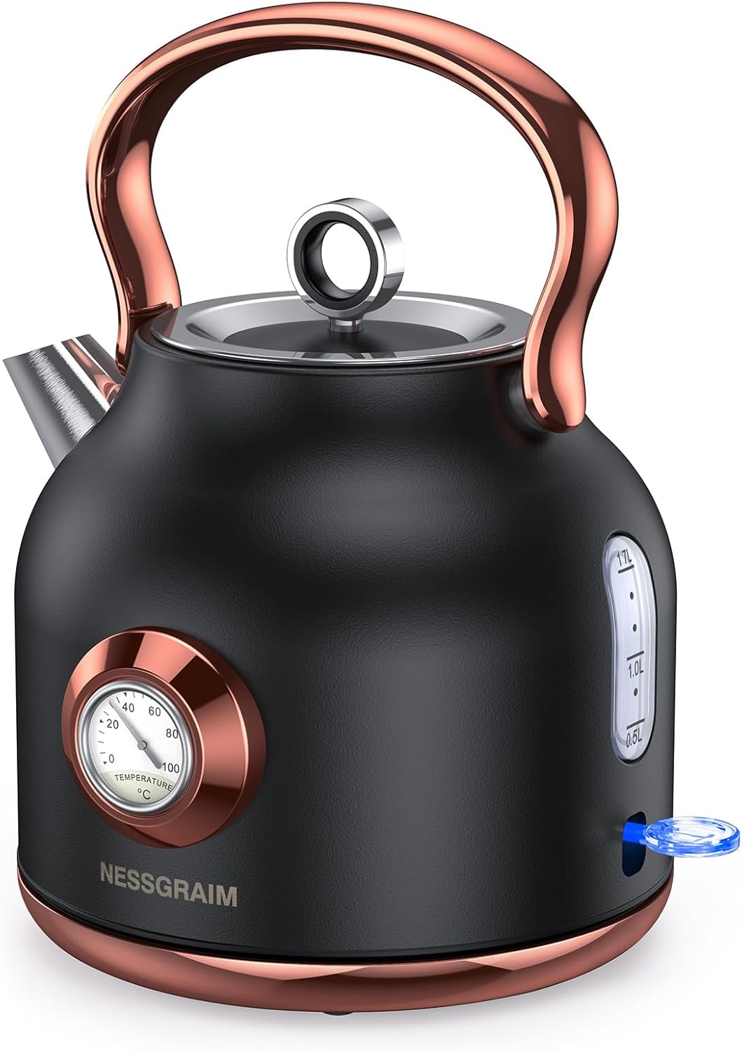 NESSGRAIM Retro Kettle, 1.7 L Stainless Steel Tea Kettle with Large Temperature Display, 2200 W Quick Heating Hot Water Boiler with LED Indicator, Black