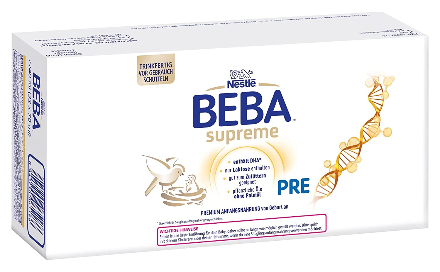Nestlé BEBA SUPREME PRE infant milk, pack of 32 (32 x 70ml)