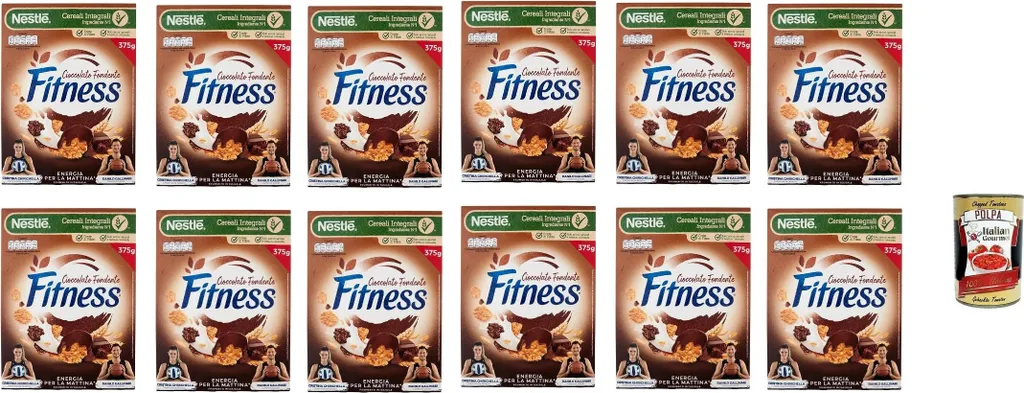 Nestlé FITNESS Cioccolato Fondente, Dark Chocolate, Whole Grain Cereal, with Chocolate and Whole Grain Muesli, contains Vitamins, Calcium & Iron, 12 x 375g + Italian Gourmet Polpa 400g