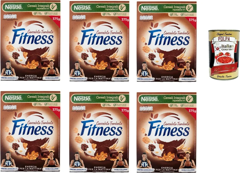 Nestlé FITNESS Cioccolato Fondente, Dark Chocolate, Whole Grain Cereal, with Chocolate and Whole Grain Muesli, contains Vitamins, Calcium & Iron, 6 x 375g + Italian Gourmet Polpa 400g