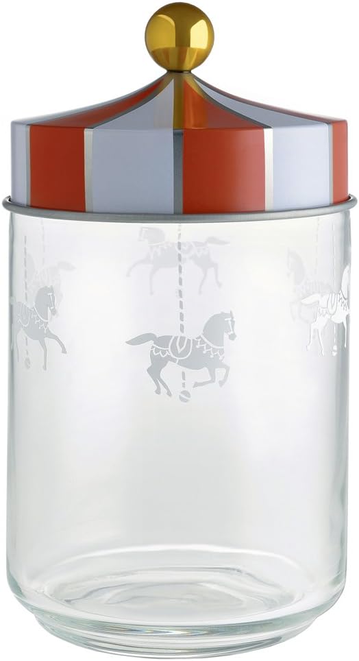 Alessi Jar in Silk-Screen Glass with Hermetic Lid in Tinplate, Multi-Colour, 10.5 x 10.5 x 12 cm