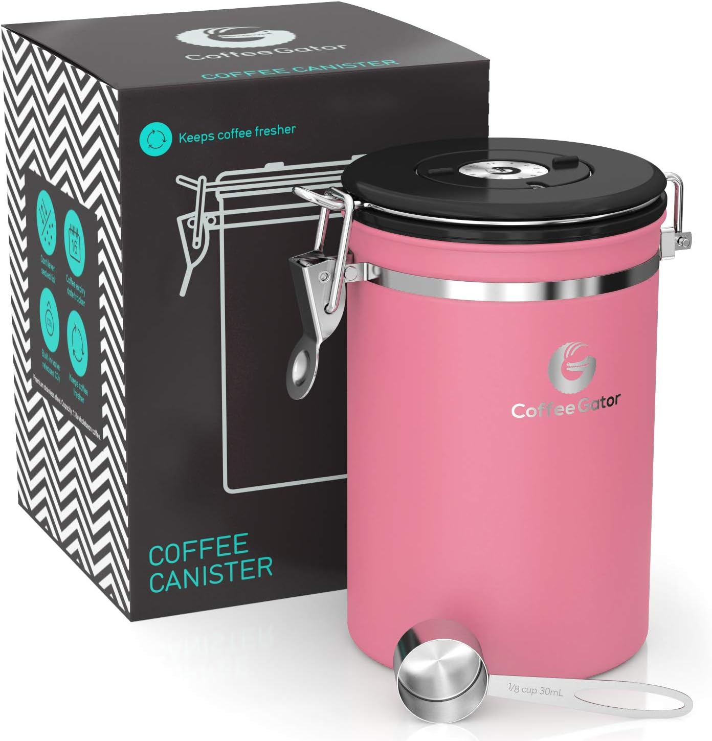 Coffee Gator Stainless Steel Coffee Canister - Keeps Ground Coffee and Beans Fresh Longer - Container with Date Tracking, CO2 Release Valve and Measuring Spoons (Large, Grey), pink