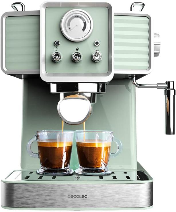 Cecotec espresso machine Power Espresso 20 Traditional Light Green, 1350 W, espresso and cappuccino, 20 bar and thermoblock, steam outlet, pressure gauge, vintage design, capacity 1.5 liters