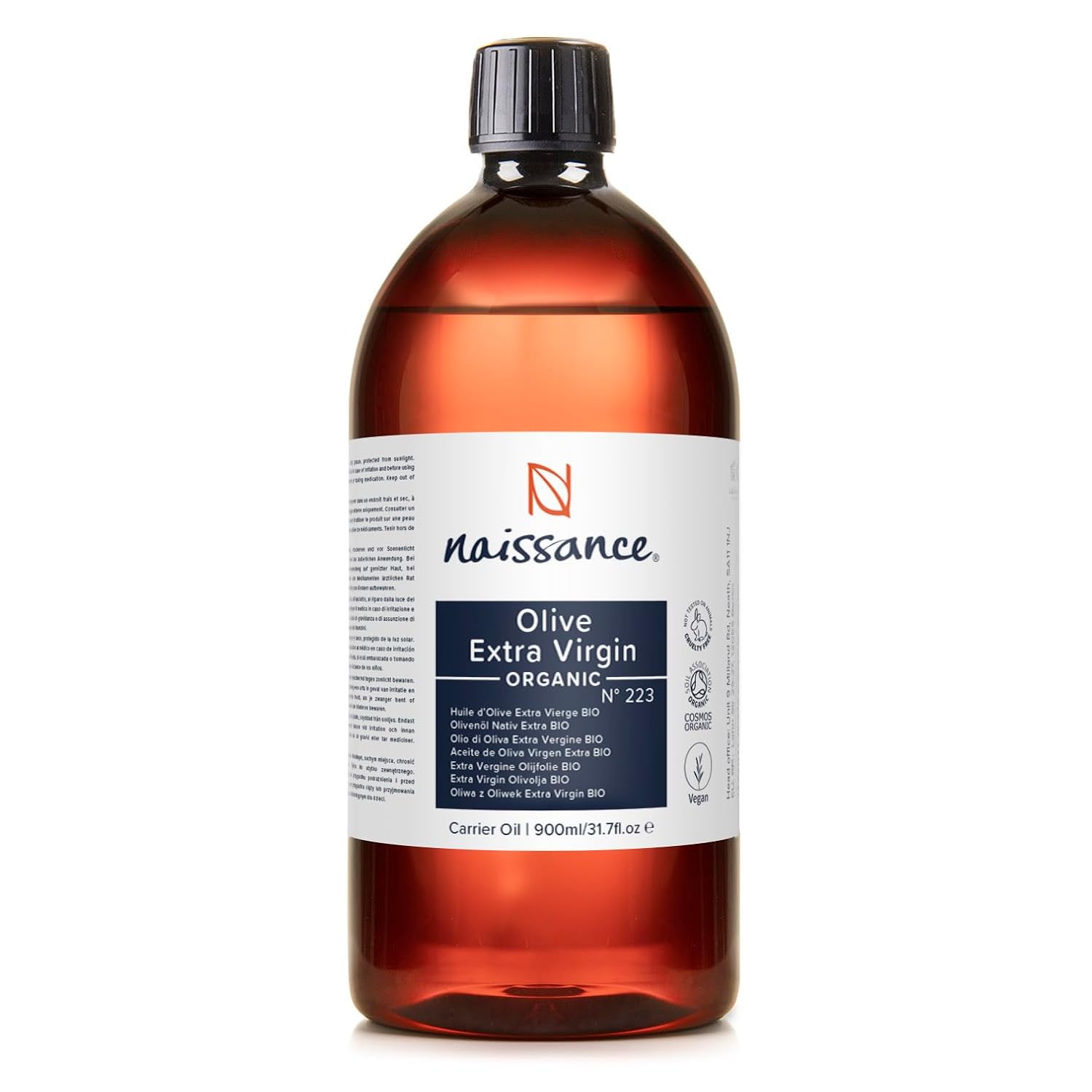 Naissance Olive Oil, Extra Organic Certified (No. 223) - 900 ml - Pure, Natural, Unrefined, Cold Pressed, Vegan - For Skin Care, Hair Care and Massage Oil, Face, Body, Hair