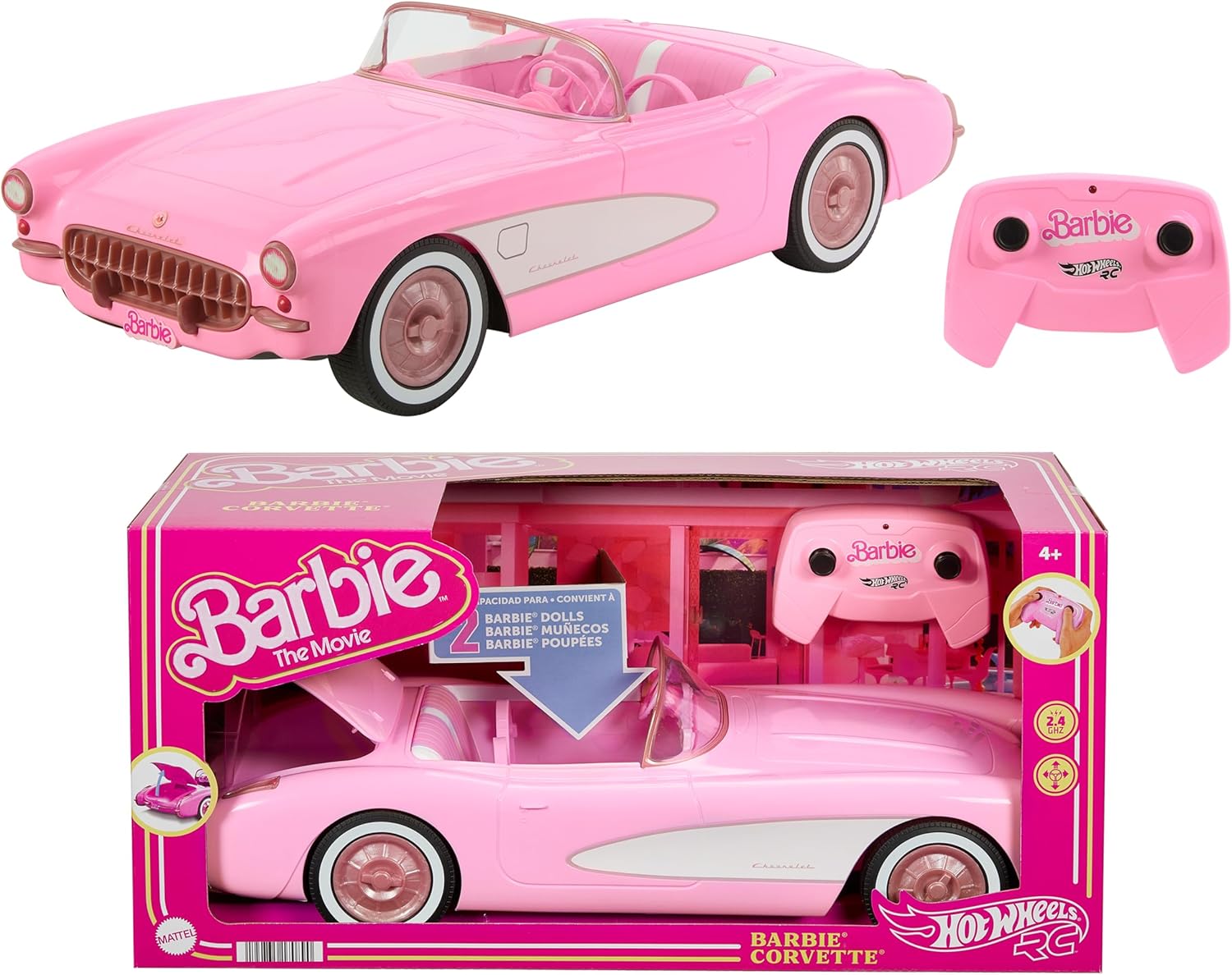 Hot Wheels Barbie Corvette RC RC Car, R/C Car, 1956 Corvette Stingray, 2.4GHz Frequency, Up to 8km/h, Space for 2 Barbie Dolls, HPW40