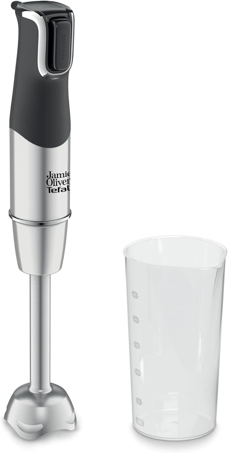 Jamie Oliver by Tefal HB95JD10 Hand Blender, Stainless Steel Blades, 1200 Watt, Mixer Base, Dishwasher Safe, Multi-Speed ​​Trigger, Splash Guard, Includes 800 ml Cup, Mixer, Black/Stainless Steel