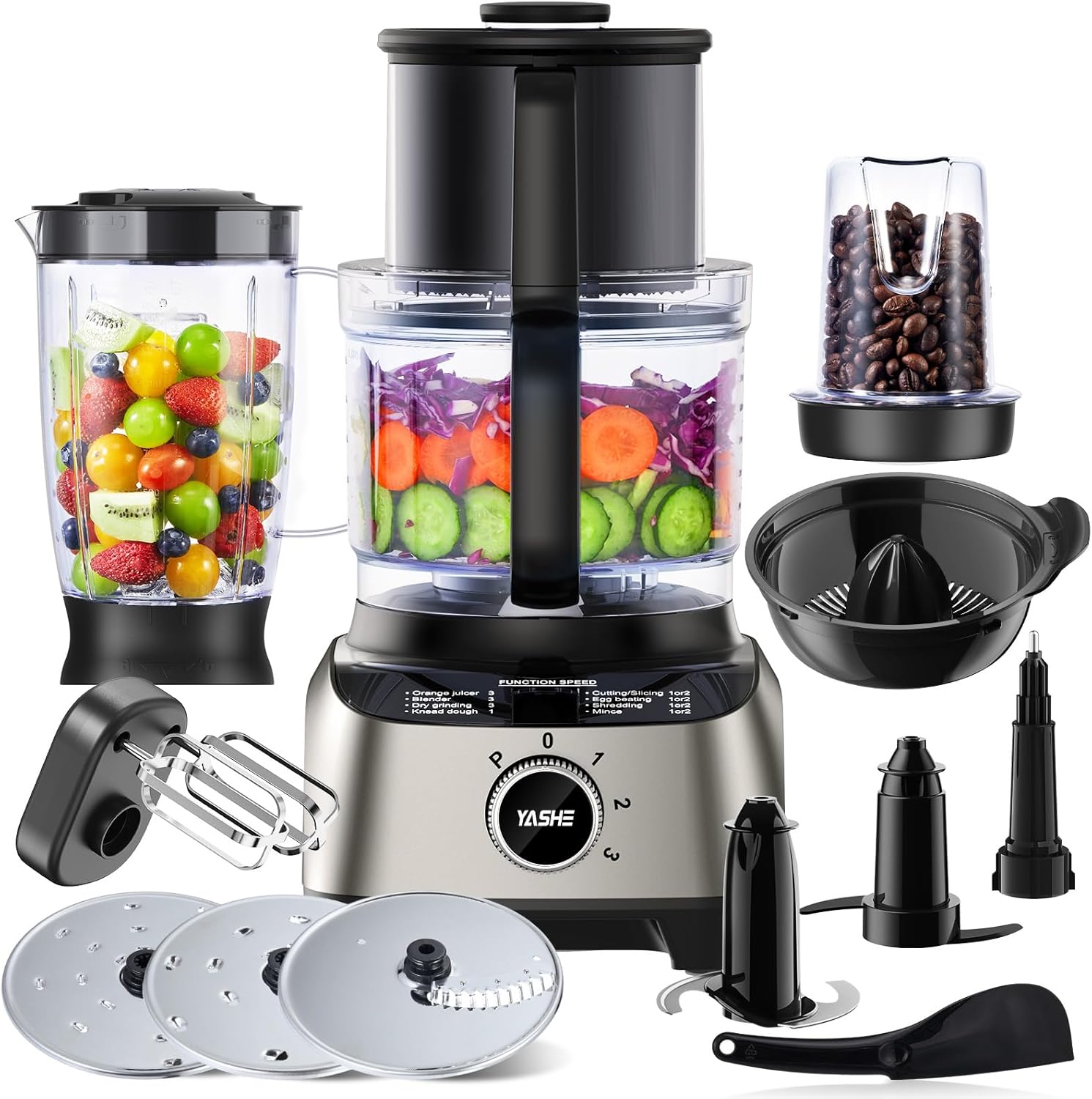 YASHE Multifunctional Food Processor, 11-in-1 Blender, Mixer, Chopper, Juicer and Dough Machine with 2.5 L Bowl & 1.5 L Mixing Container, 1300 W, 3-Speed, Pulse Function, Safety Lock