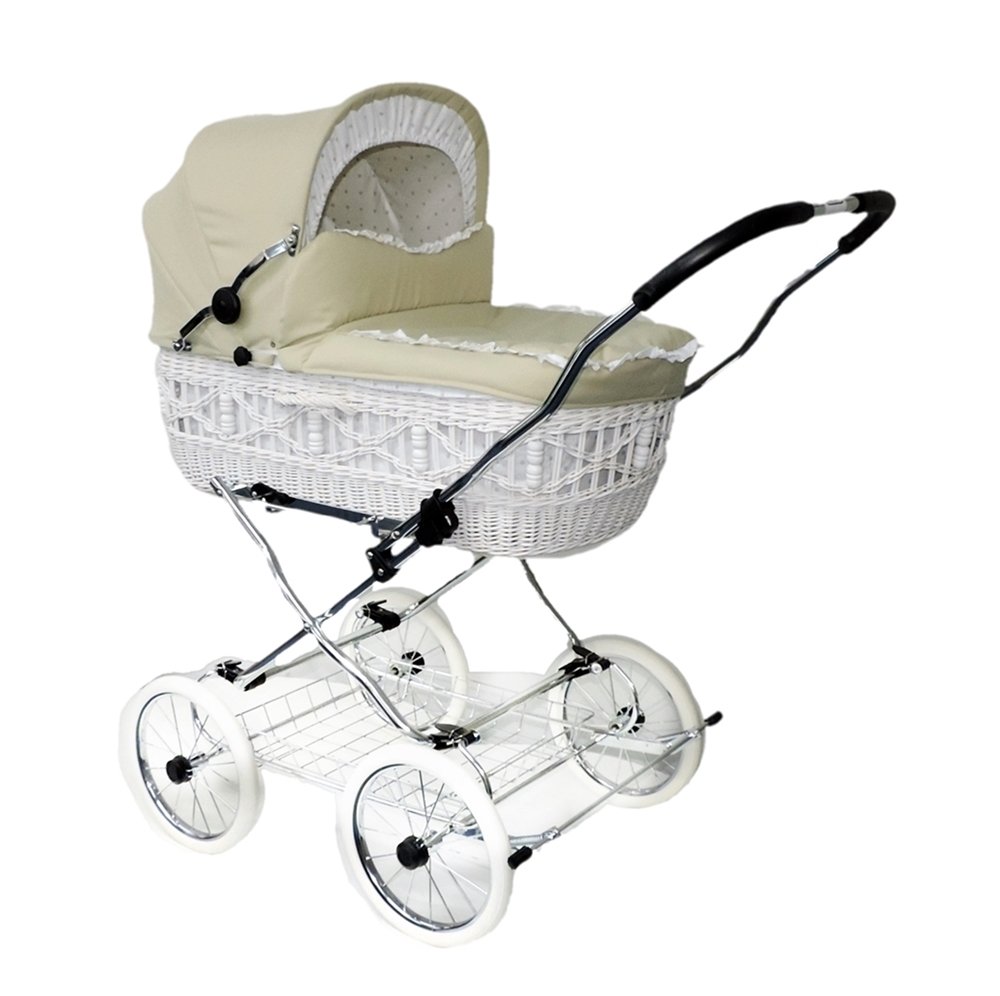 Eichhorn Wicker Basket for Prams, White Basket, Beige Fabric - Large Lying Surface, Soft Sprung, Includes Mattress and Rain Cover