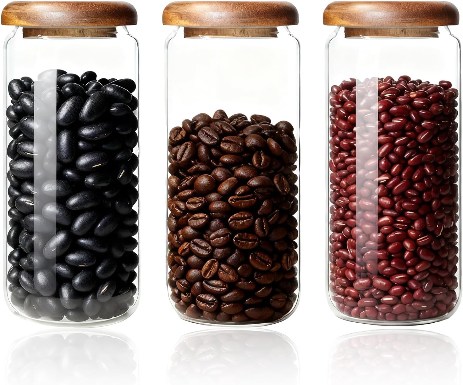 Set of 3 storage jars with lids, 900 ml airtight glass containers, large volume storage jar with acacia wood lid for cereal, sugar, honey, coffee beans