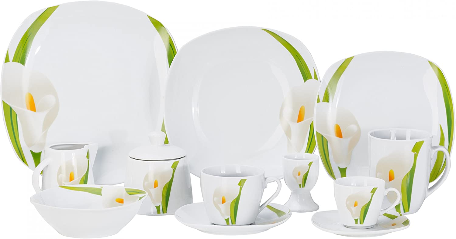 Van Well Calla Dinner Set 62-Piece for 6 People Porcelain Square White with Floral Design