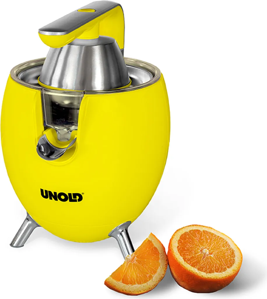 Unold NOLD 78132 Citrus Press Power Juicy Yellow for large and small citrus fruits, 1100W motor, completely disassemblable and dishwasher safe